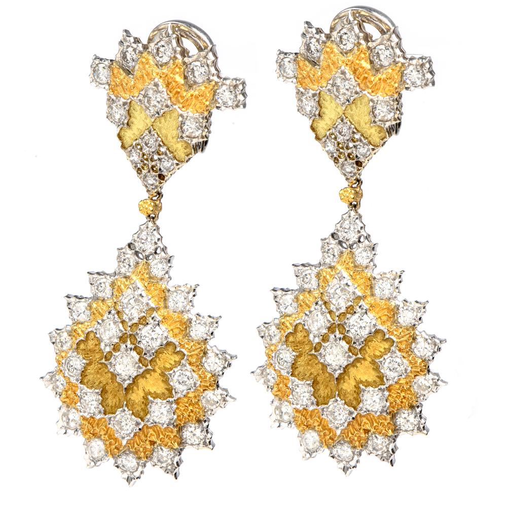 Buccellati Diamond 18 Karat Gold Dangle Drop Omega Clip Earrings In Excellent Condition In Miami, FL