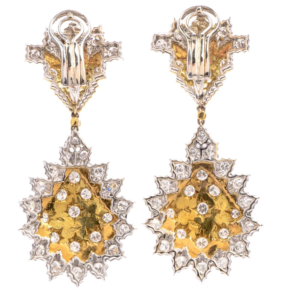 Women's Buccellati Diamond 18 Karat Gold Dangle Drop Omega Clip Earrings