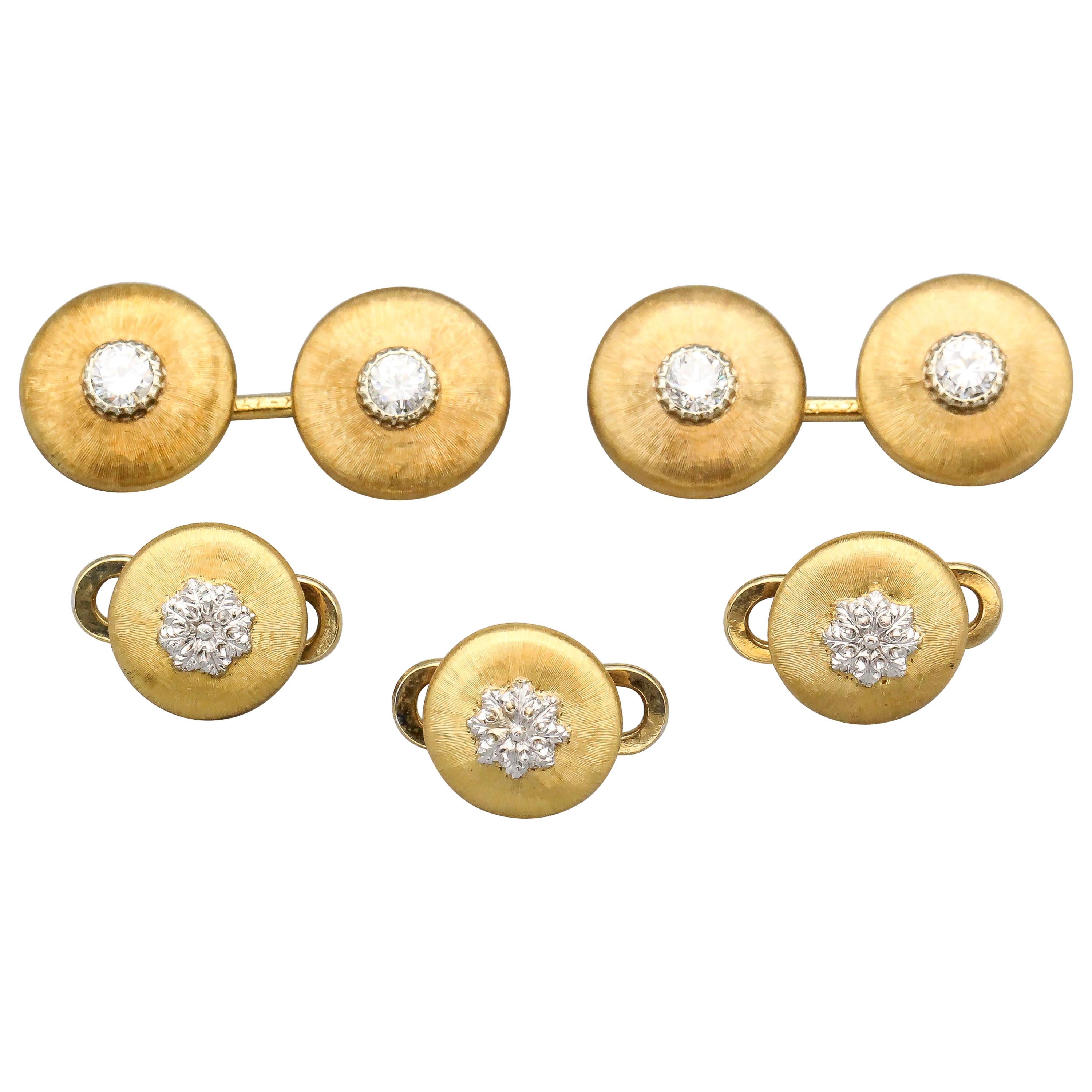 Buccellati Diamond and 18 Karat Gold Cufflinks and 3 Studs Set For Sale