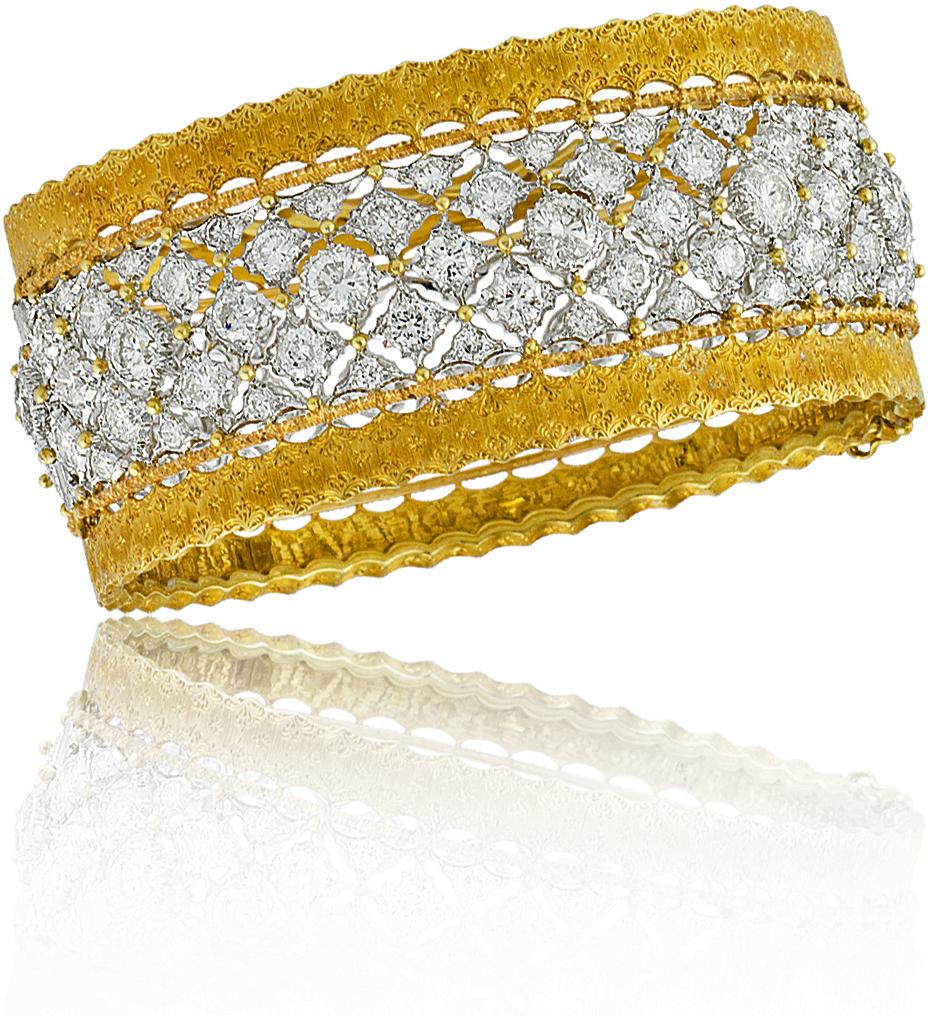 18K Gold and Diamond Buccellati Bangle Bracelet set with 116 Diamonds approximately 12.50ct; Made in Italy; Ca1960. Founded by Mario Buccellati in 1919, Buccellati has stood as one of the premier jewelry makers for 100 years. The family-run house