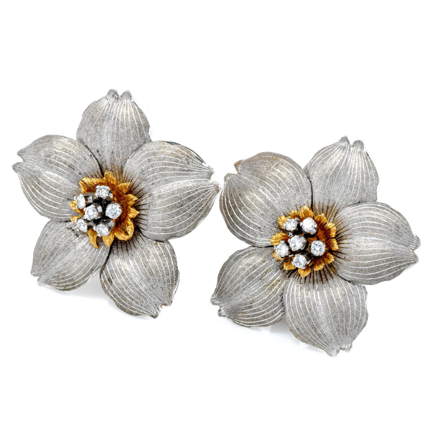 These elegant Buccellati Flower Motif earrings are crafted in a combination of 18K Yellow & 18K White gold.

These Italian clip-on earrings are centered by (12) Round Cut Genuine Diamonds, measuring collectively 0.25 carats and G-H color & VS