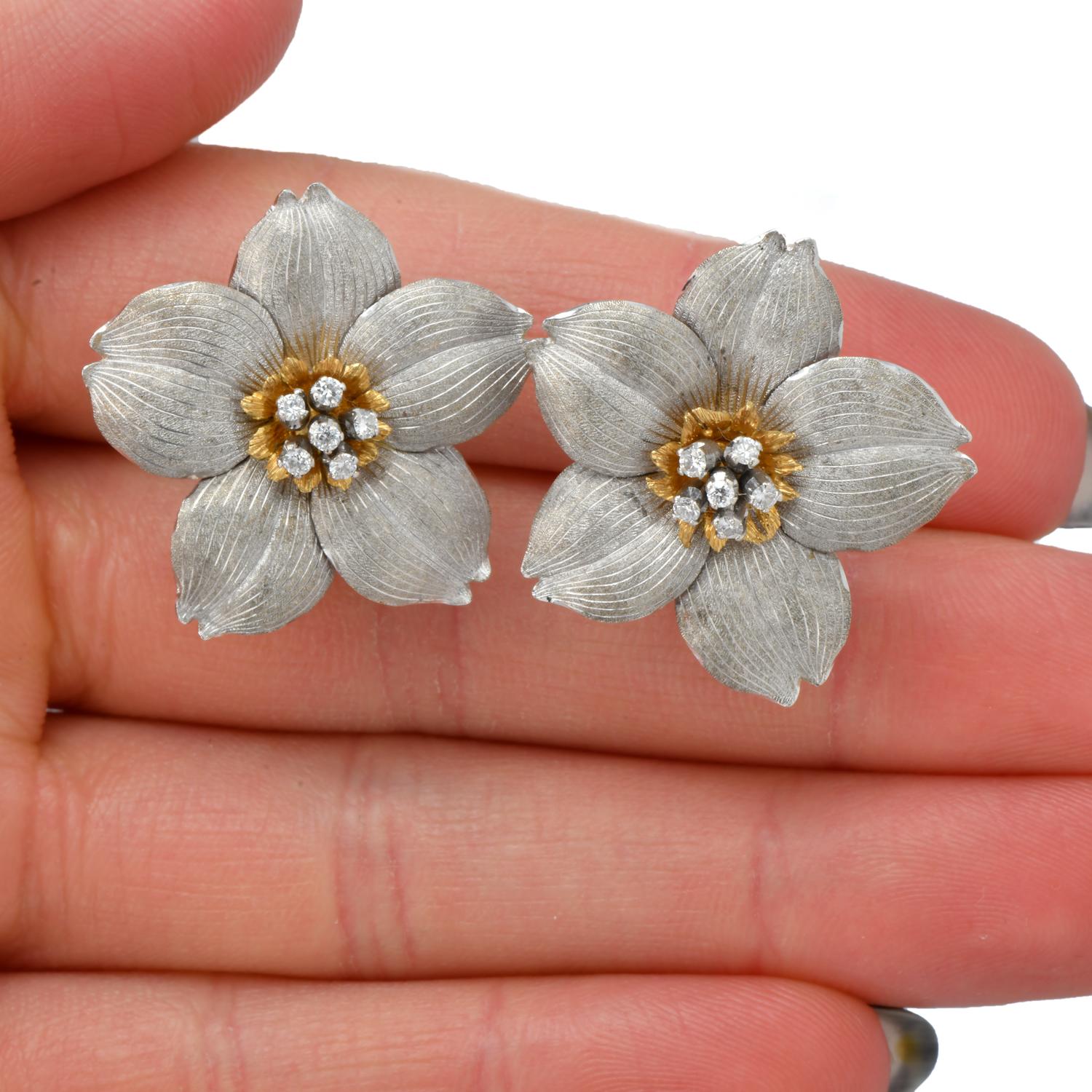 Buccellati - Boucles d'oreilles à clip en or 18 carats avec diamants et fleurs Pour femmes en vente