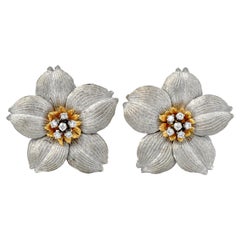 Retro Buccellati Diamond Blossom Flower 18K Gold Clip On Earrings