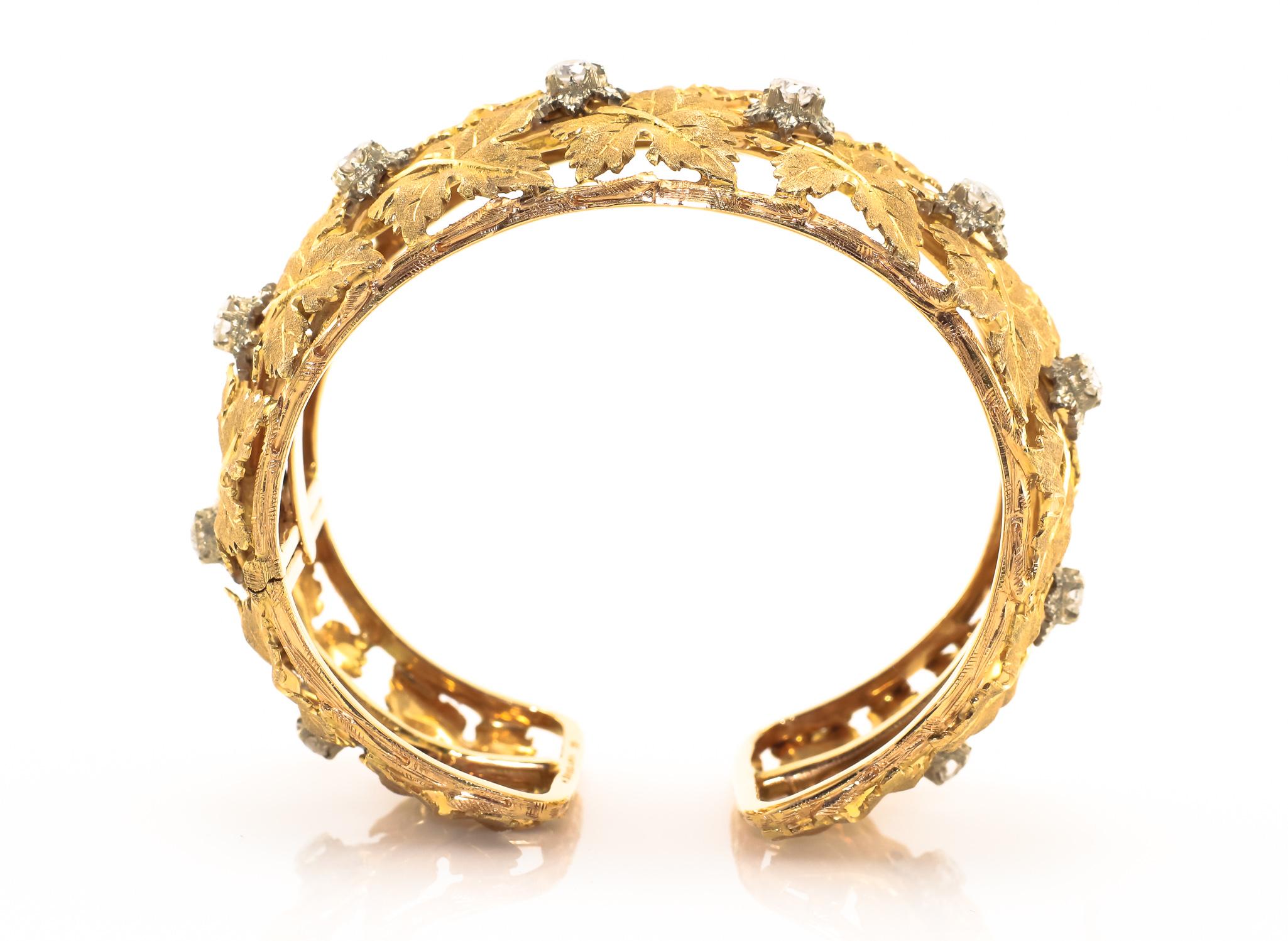 A Genuine Mario Buccellati Cuff Bracelet that features The Quintessential Grape Leaf Motif.  Masterfully crafted from Solid 18 Karat Yellow and White Gold. This exceptional piece features both Buccellati's highly specialized engraving techniques and