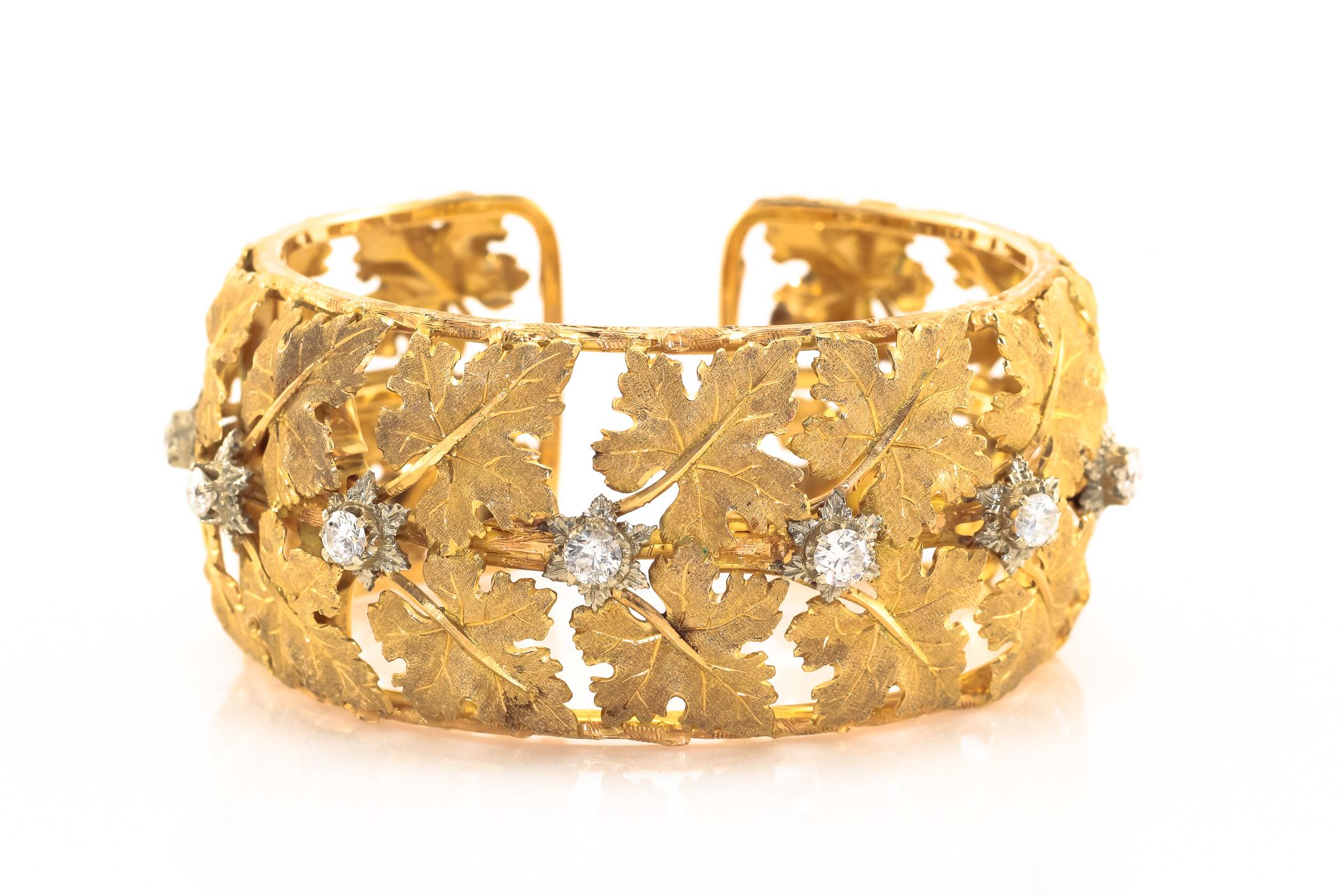 Women's or Men's Buccellati Diamond Cuff Bracelet Yellow Gold Maple Leaf Motif
