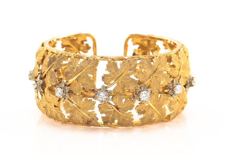 Buccellati Diamond Cuff Bracelet Yellow Gold Maple Leaf Motif at 1stDibs