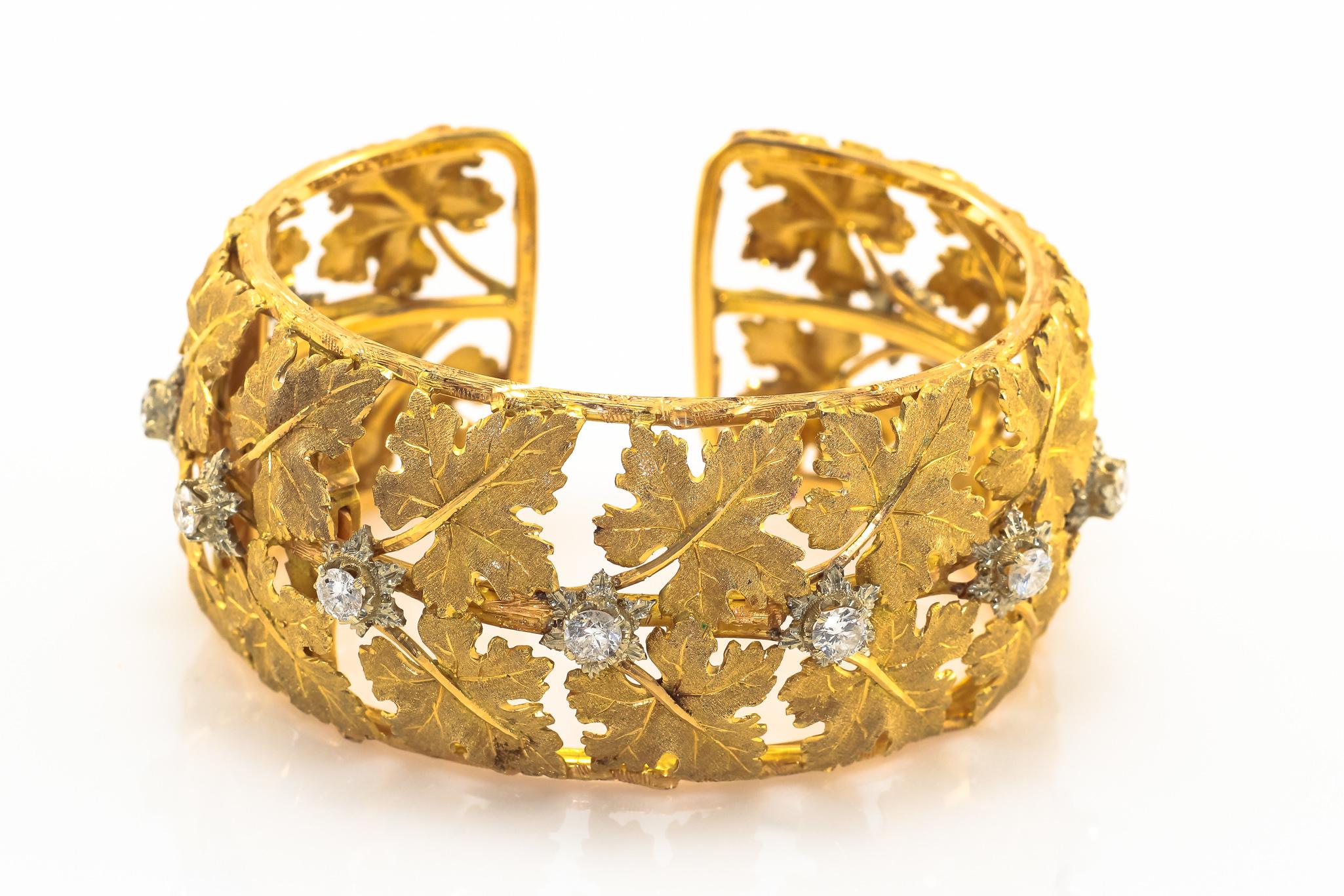 Buccellati Diamond Cuff Bracelet Yellow Gold Maple Leaf Motif 2