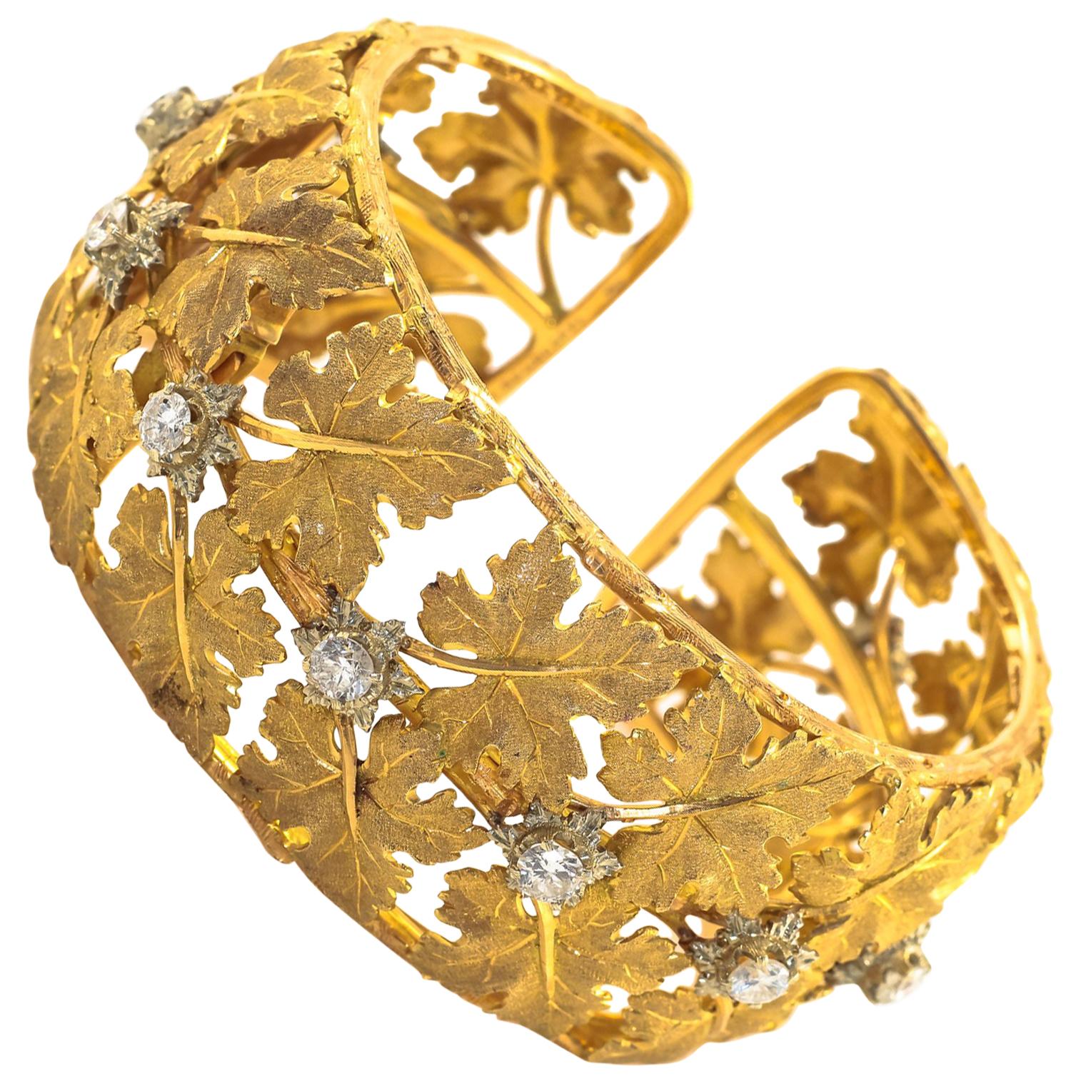 Buccellati Diamond Cuff Bracelet Yellow Gold Maple Leaf Motif