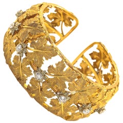 Vintage Buccellati Diamond Cuff Bracelet Yellow Gold Maple Leaf Motif