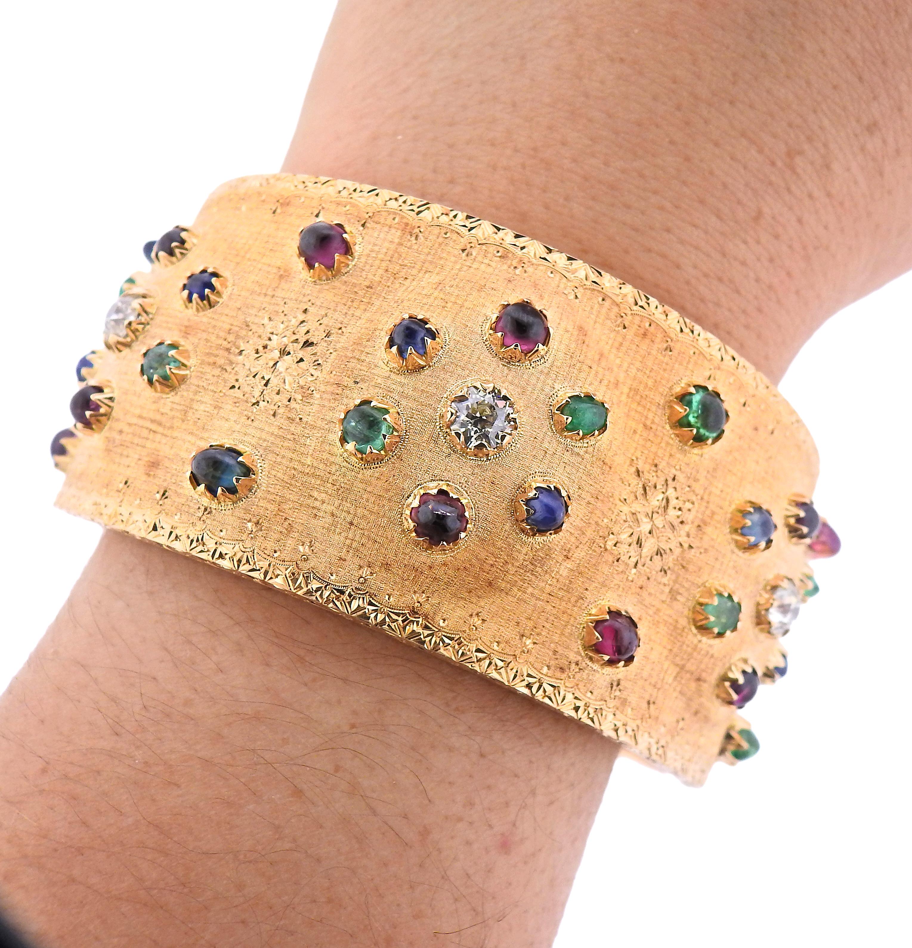 Women's Buccellati Diamond Emerald Ruby Sapphire Rose Gold Cuff Bracelet