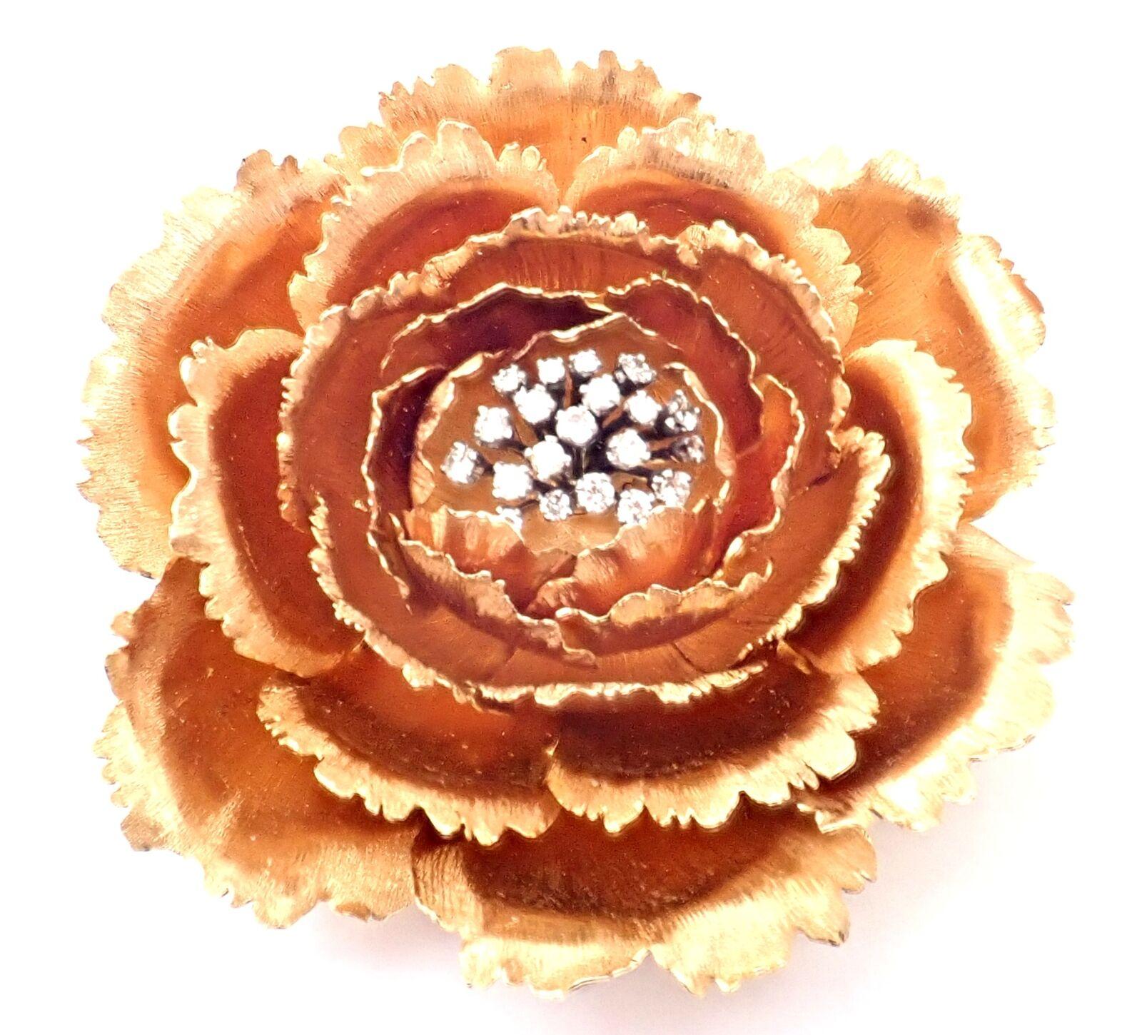 18k Rose Gold Diamond Extra Large Rose Brooch Pin by Buccellati. 
With 20 brilliant cut VS1 clarity, G color diamonds total weight approximately .80ct
Details: 
Weight: 61.9 grams
Measurements: 2 3/4