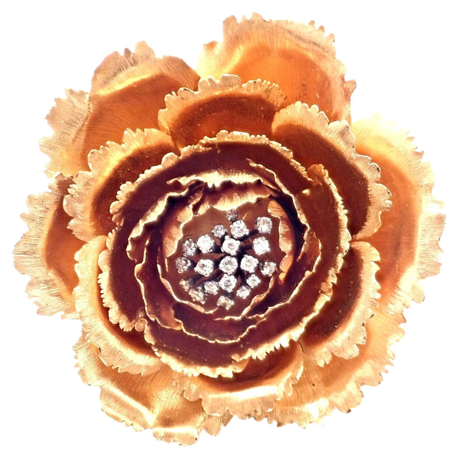 Buccellati Diamond Extra Large Rose Flower Rose Gold Brooch Pin