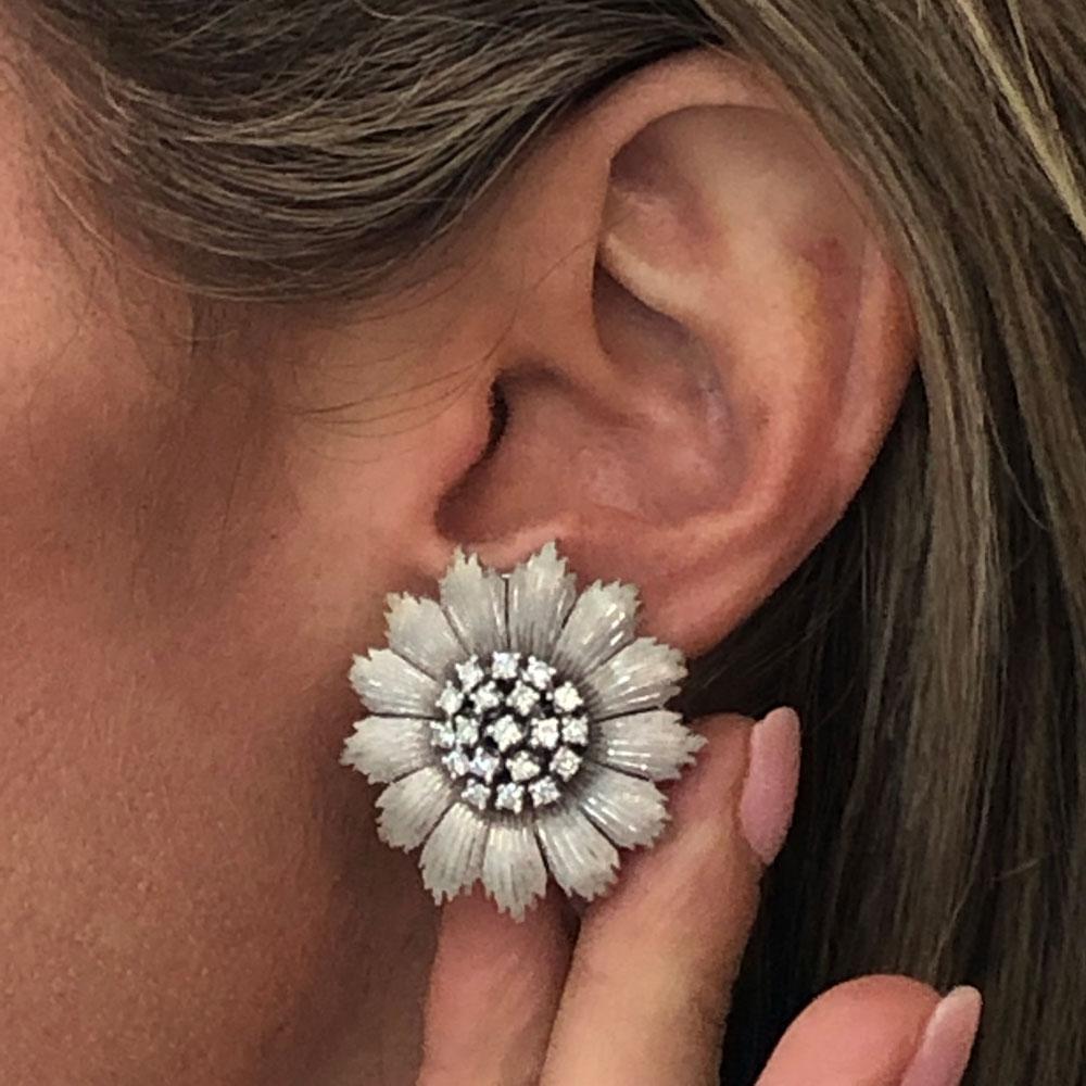 Round Cut Buccellati Diamond Floral 18 Karat White Gold Earrings