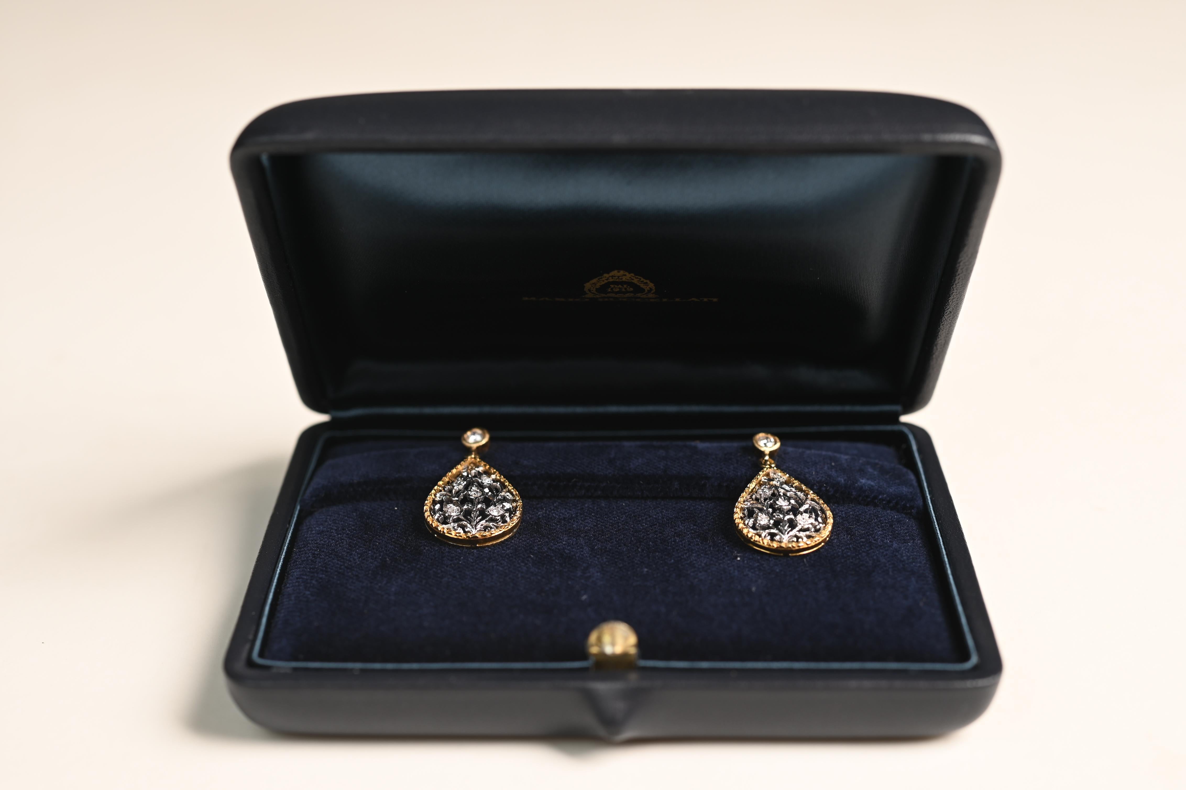 A striking pair of Buccellati earrings, crafted in Italy in the early 2000s, showcases the brand’s signature artistry and unmistakable elegance. Designed in a graceful drop shape, each earring features delicate floral motifs rendered in finely