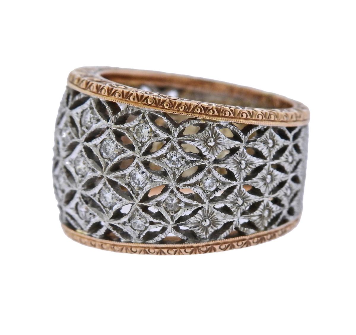 18k rose and white wide band ring, crafted by Buccellati, set with approx. 0.30ctw in diamonds. Ring size - 6, ring top is 15mm wide and weighs 11 grams. Marked Buccellati, 18k, Italy.