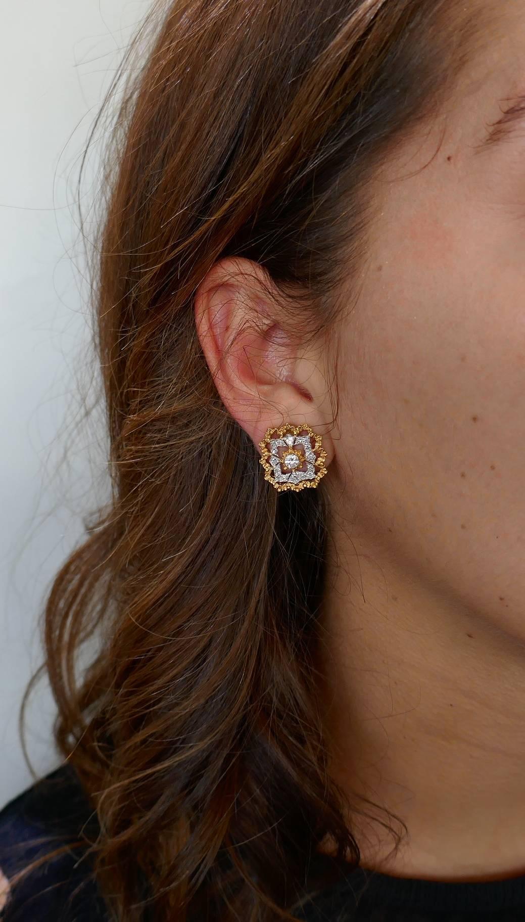 Classy and timeless ear clips created by Buccellati in Italy in the 1980s. 
Feminine, wearable and chic, the earrings are a great addition to your jewelry collection.
Made of 18 karat yellow and white gold and set with round brilliant cut diamonds