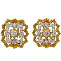 Retro Buccellati Diamond Gold Clip-On Earrings