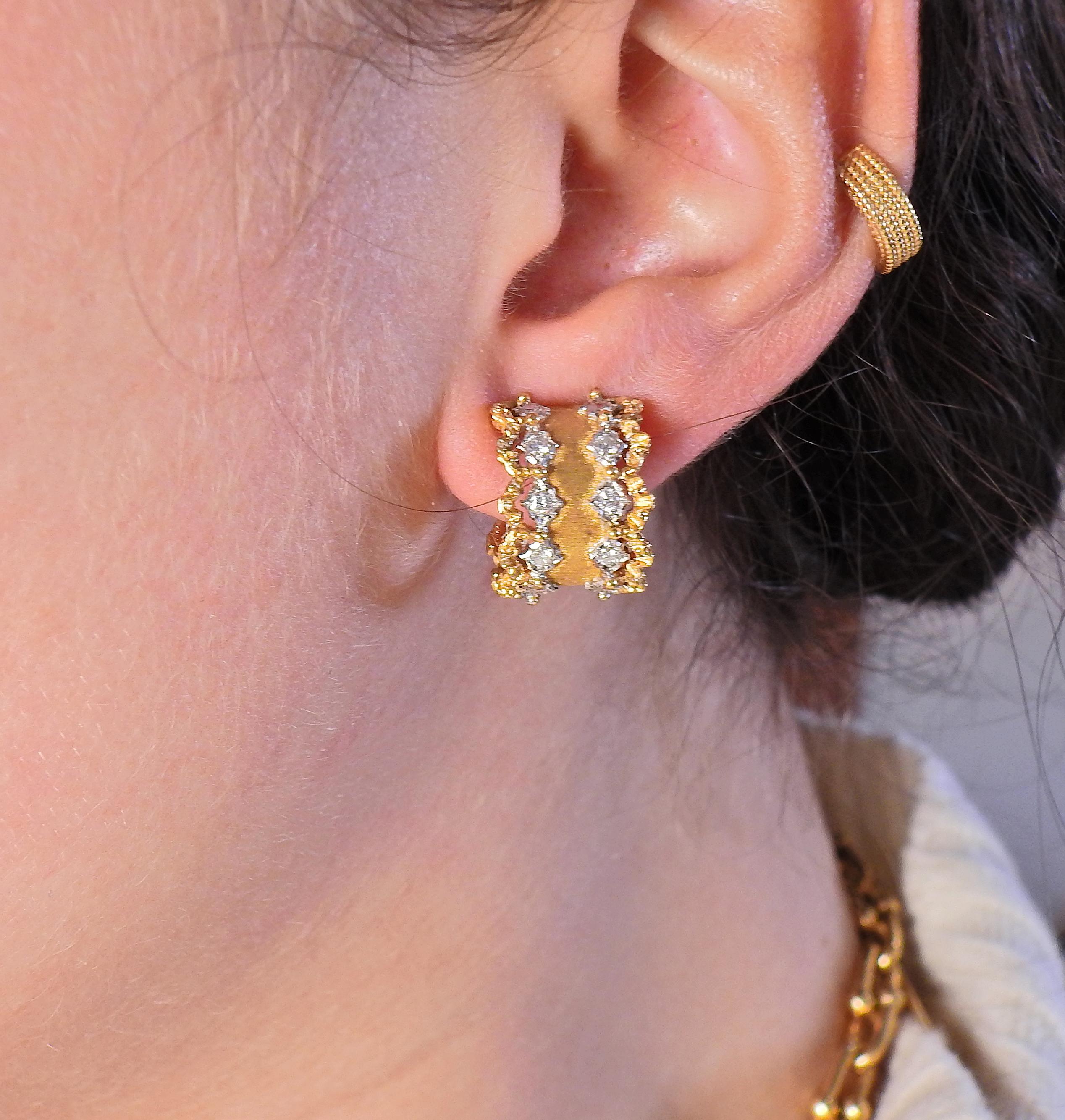 Buccellati Diamond Gold Hoop Earrings In Excellent Condition In New York, NY