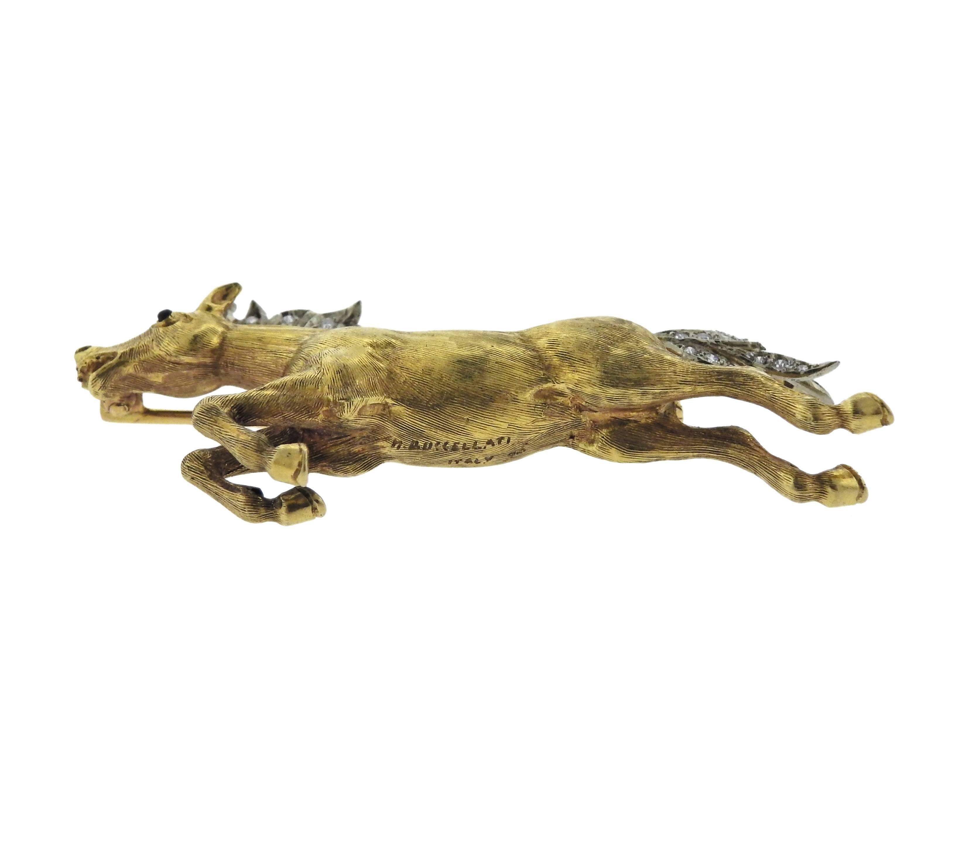 18k yellow gold running horse brooch pin, crafted by Buccellati, adorned with approx. 0.09ctw in H/VS diamonds. Brooch is 55mm x 22mm, weighs 10.6 grams. Marked: Buccellati,750, H 23, Italy 96.