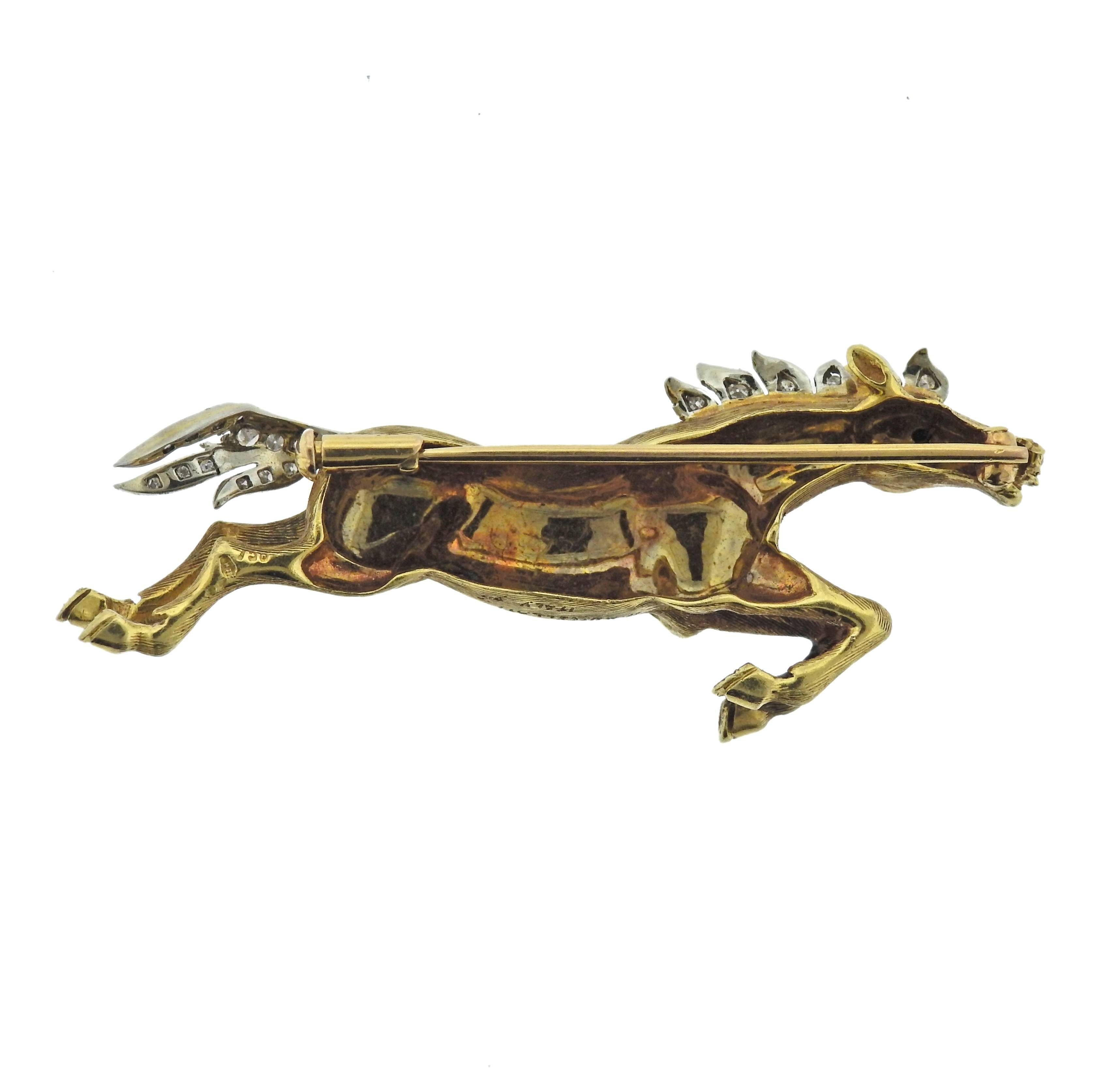 Women's Buccellati Diamond Gold Running Horse Brooch Pin