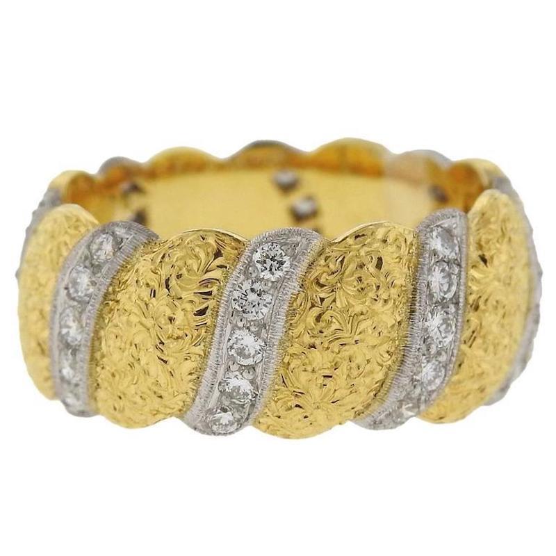 Round Cut Buccellati Diamond Gold Wide Wedding Band Ring For Sale