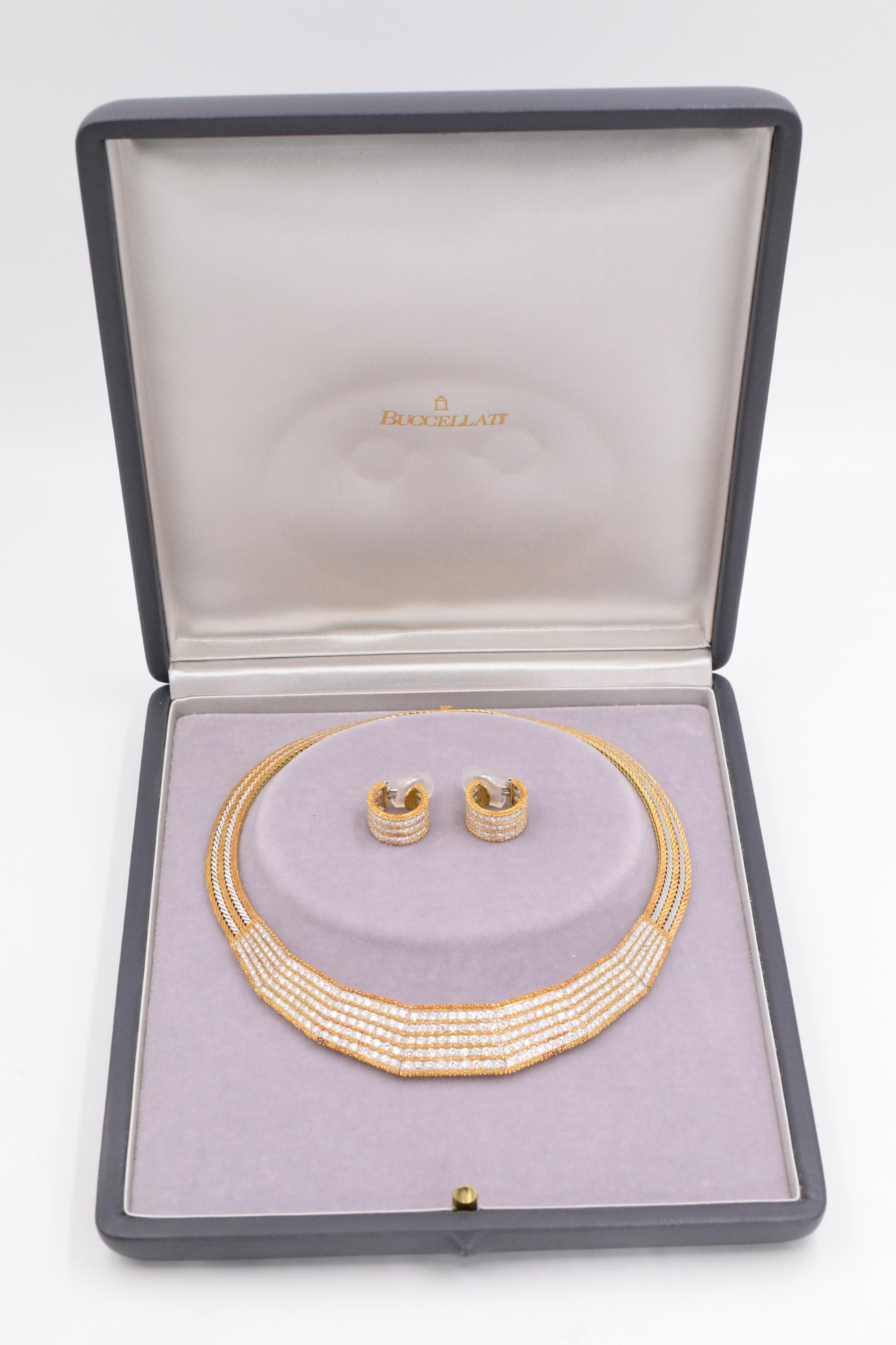 Buccellati Diamond and Two-tone Gold Necklace and Earrings Set This necklace has 285 round brilliant diamonds weighing approximately 12-13carats & earrings has 120 round brilliant diamonds weighing approximately 6 carats
Signed Gianmaria Buccellati,