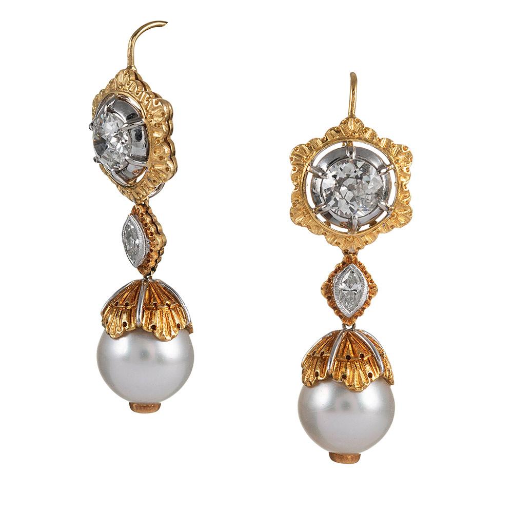 Stunning sculpted ear pendants rendered in 18 karat yellow and white gold, compliments of Buccellati. The earrings are as functional as they are beautiful and could easily be the only pair one would need if packing for a vacation. The top consists