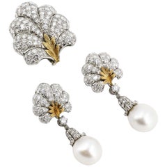 BUCCELLATI Diamond Pearl Platinum 18k Gold Day Night Earrings and Brooch Set