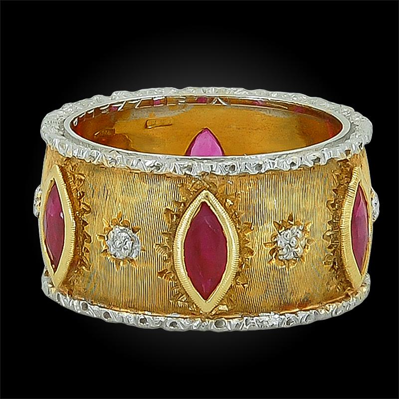 Women's or Men's Buccellati Diamond, Ruby Gold Ring