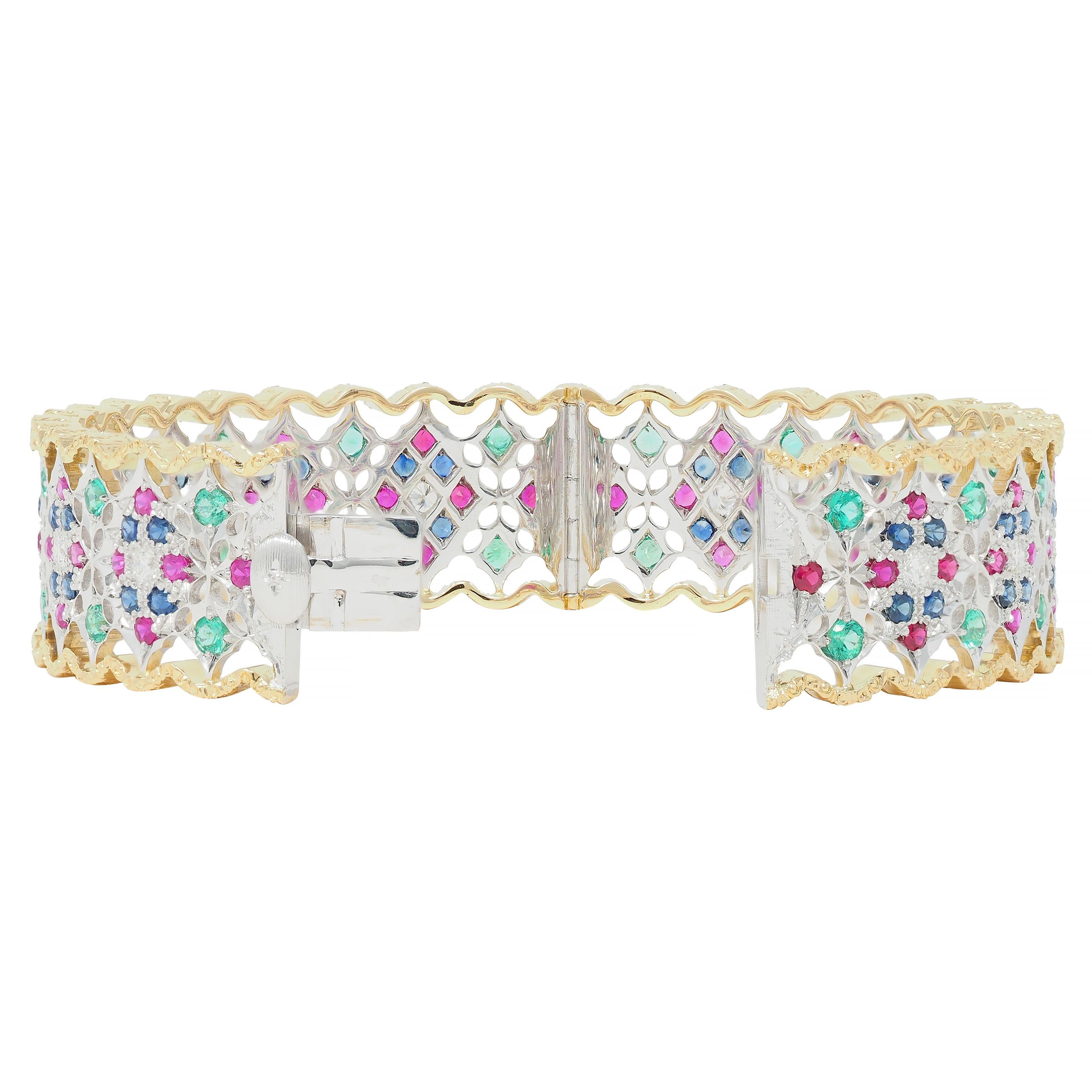 Buccellati, bracelet vintage en or bicolore 18 carats avec diamants, rubis, saphirs et émeraudes en vente 5