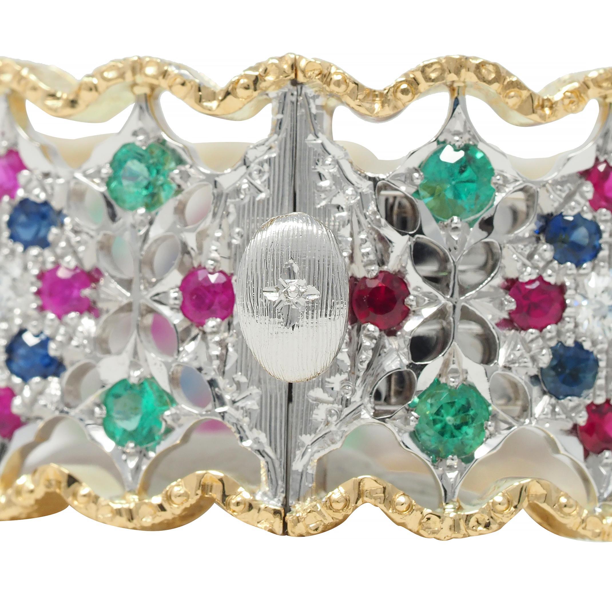 Buccellati Diamond Ruby Sapphire Emerald 18 Karat Two-Tone Gold Vintage Bracelet For Sale 7