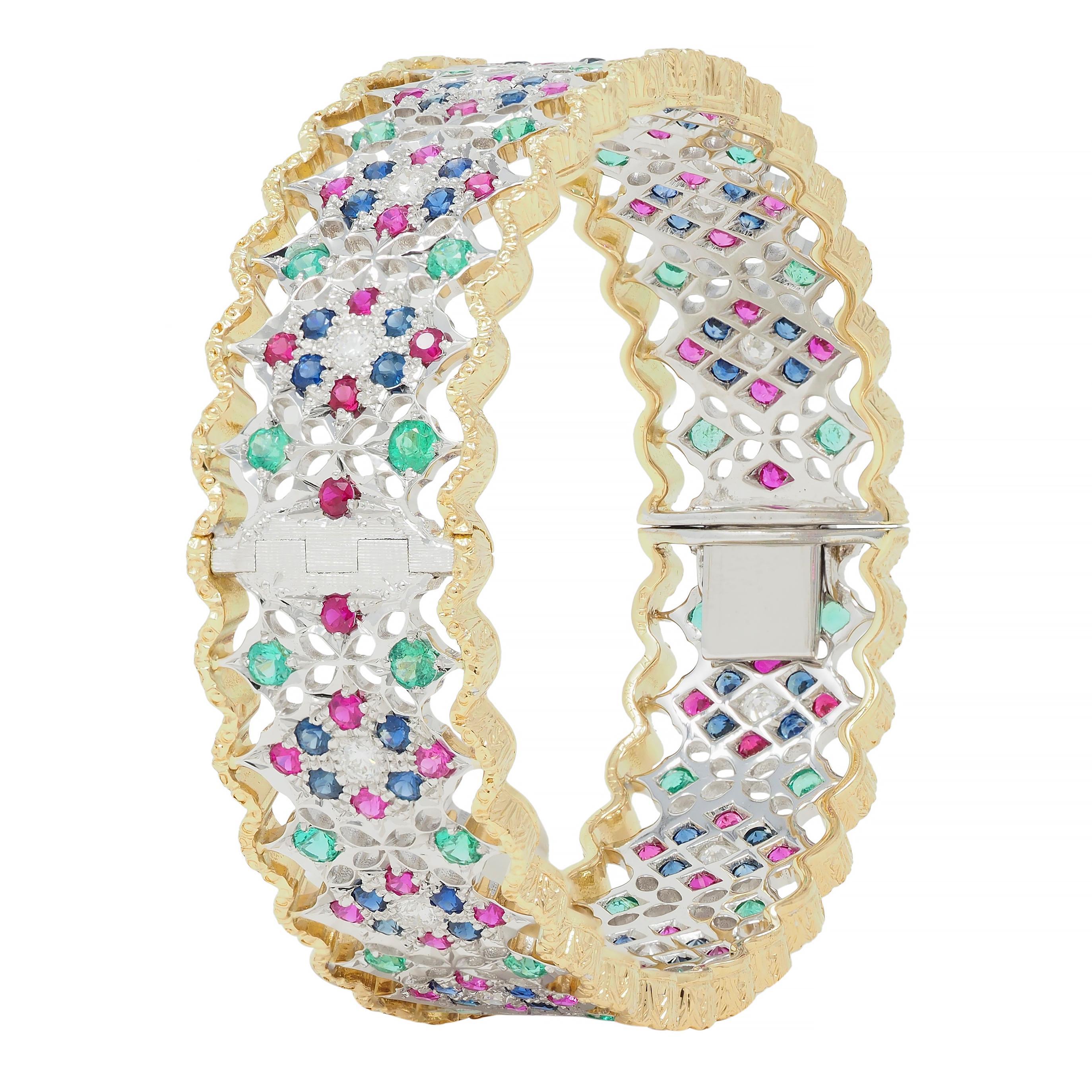 Buccellati, bracelet vintage en or bicolore 18 carats avec diamants, rubis, saphirs et émeraudes en vente 8