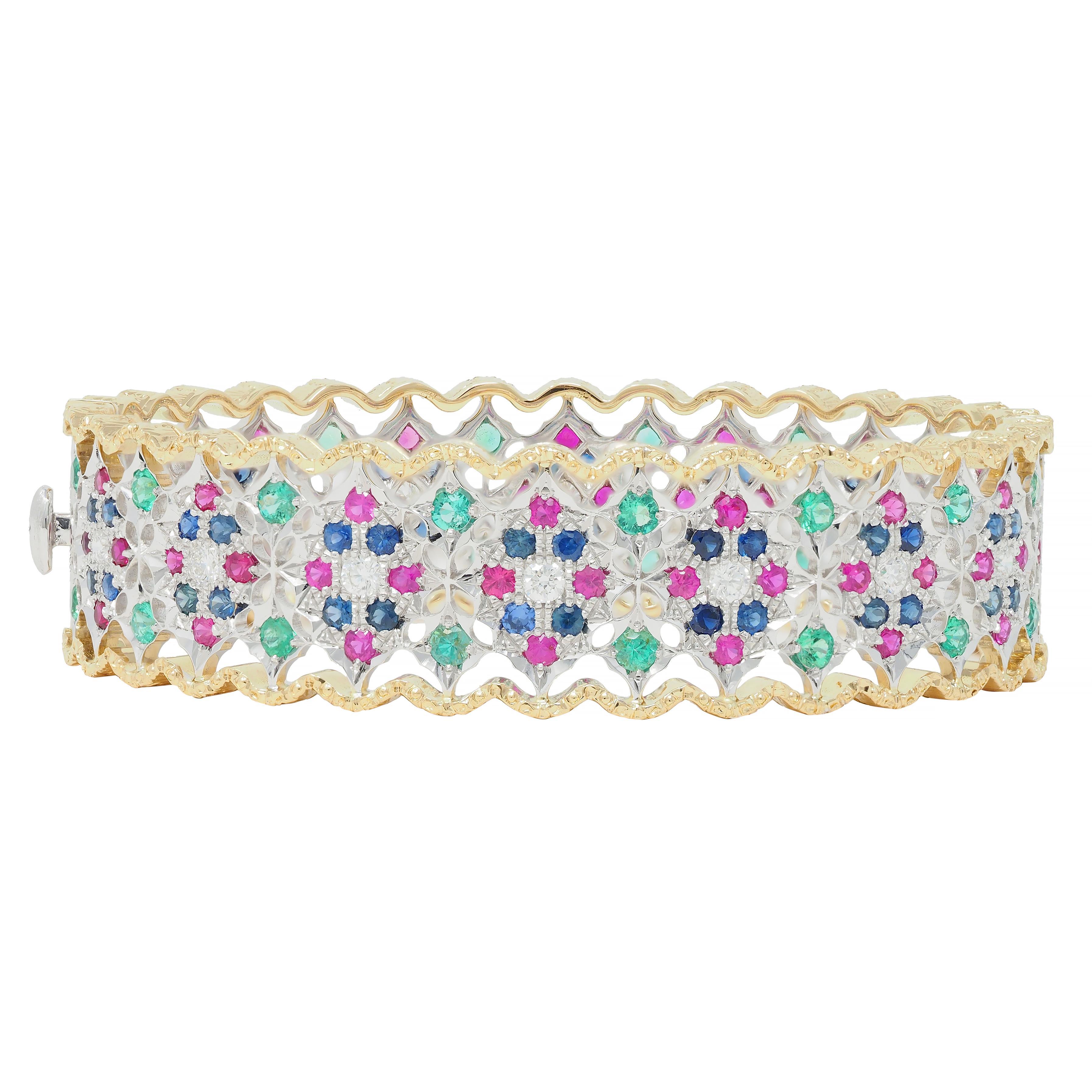 Taille ronde Buccellati, bracelet vintage en or bicolore 18 carats avec diamants, rubis, saphirs et émeraudes en vente