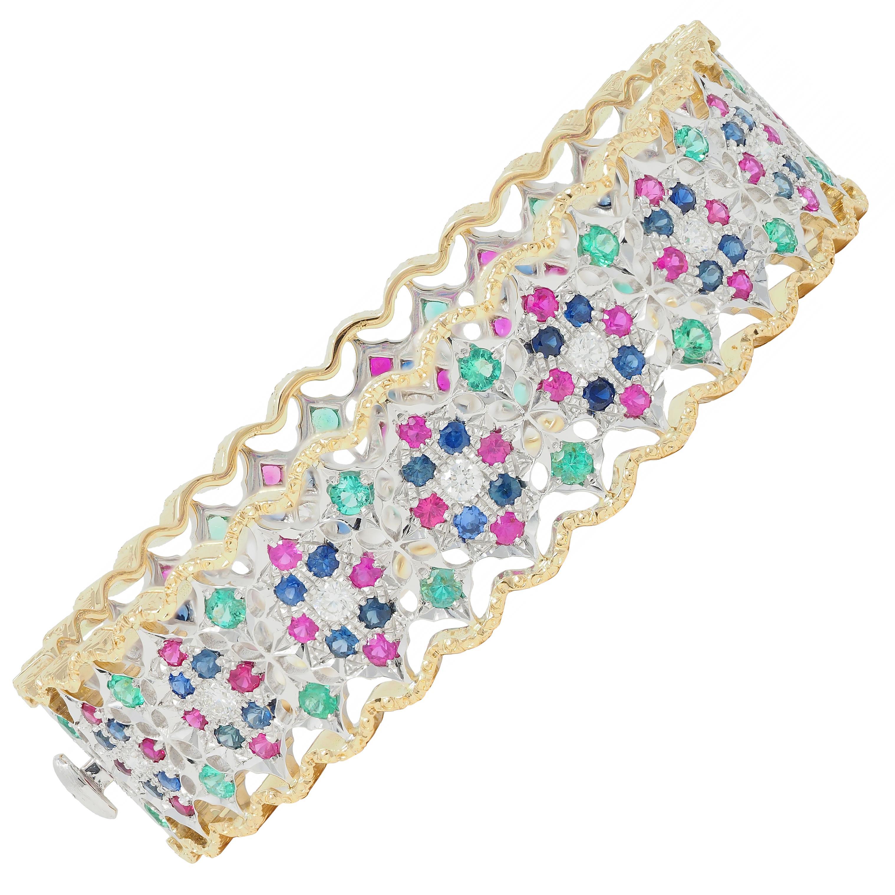 Buccellati, bracelet vintage en or bicolore 18 carats avec diamants, rubis, saphirs et émeraudes en vente 1