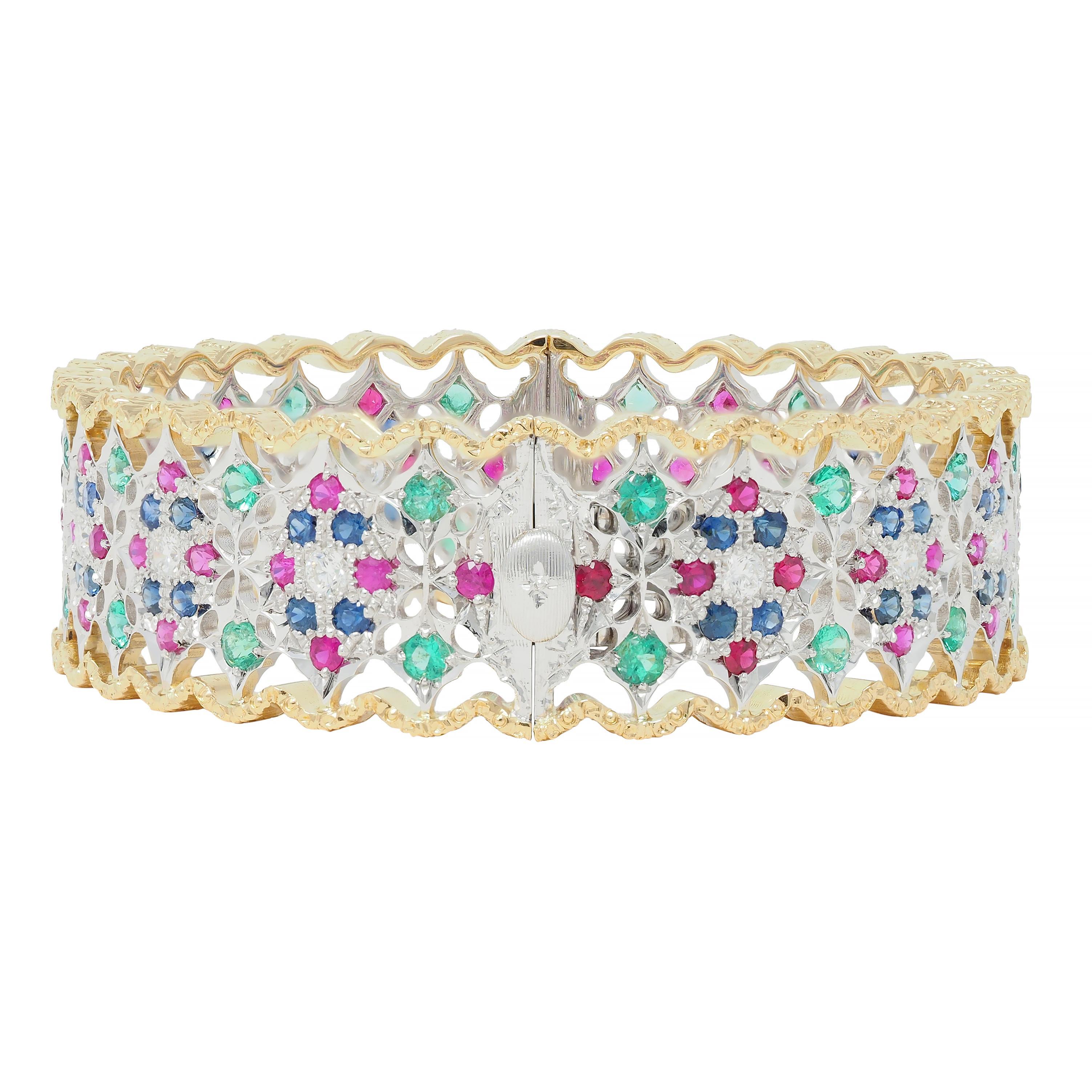 Buccellati, bracelet vintage en or bicolore 18 carats avec diamants, rubis, saphirs et émeraudes en vente 3