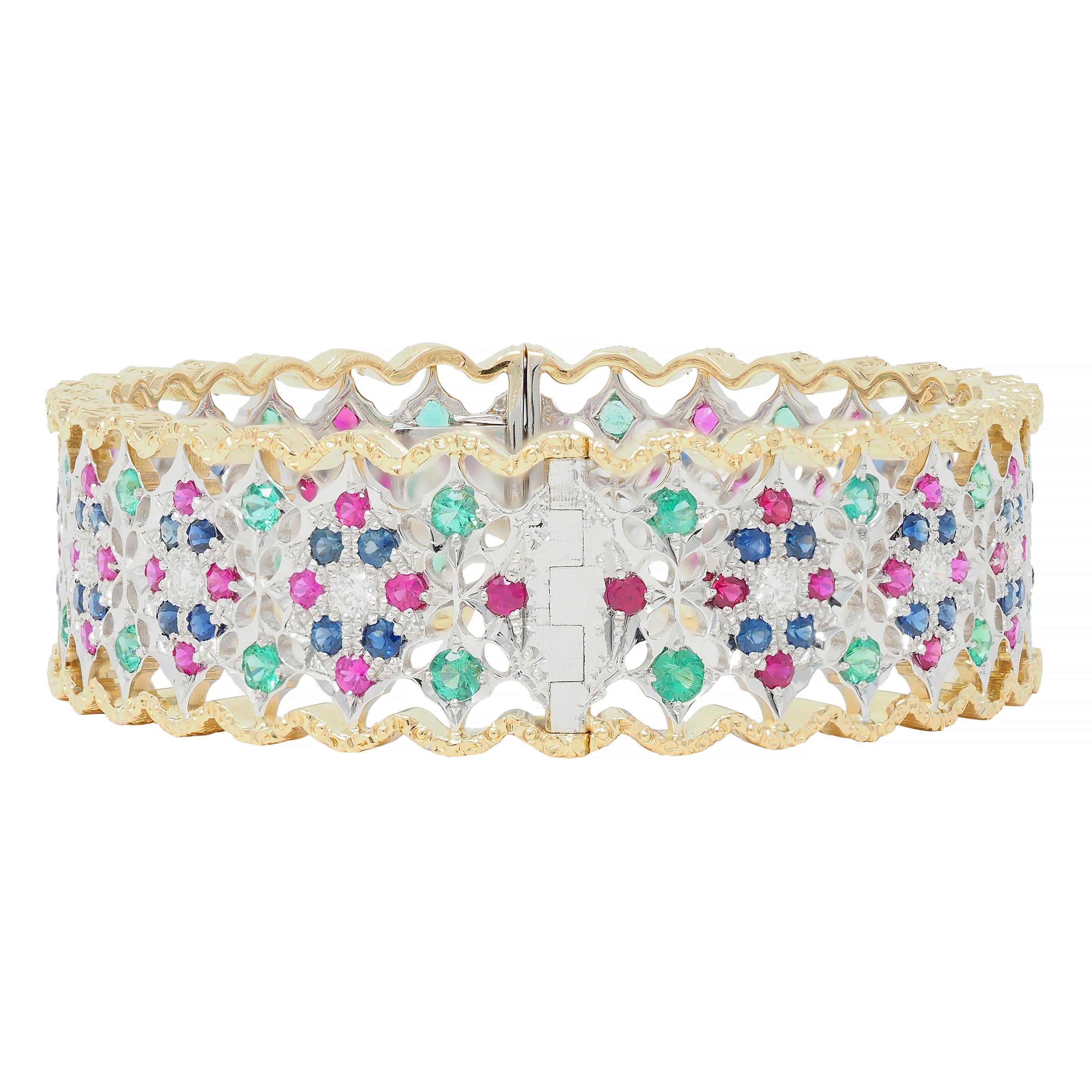 Buccellati, bracelet vintage en or bicolore 18 carats avec diamants, rubis, saphirs et émeraudes en vente 4