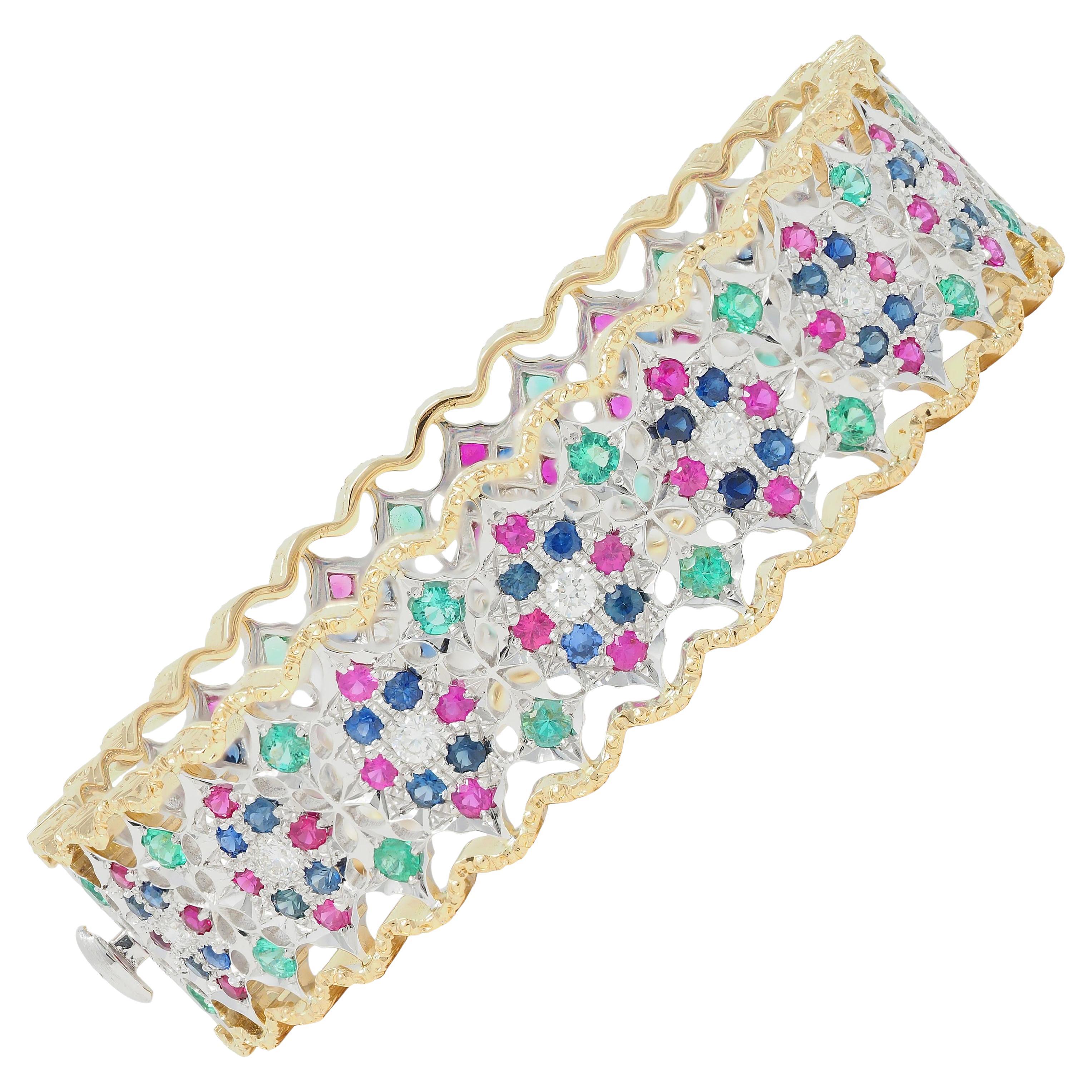 Buccellati, bracelet vintage en or bicolore 18 carats avec diamants, rubis, saphirs et émeraudes en vente