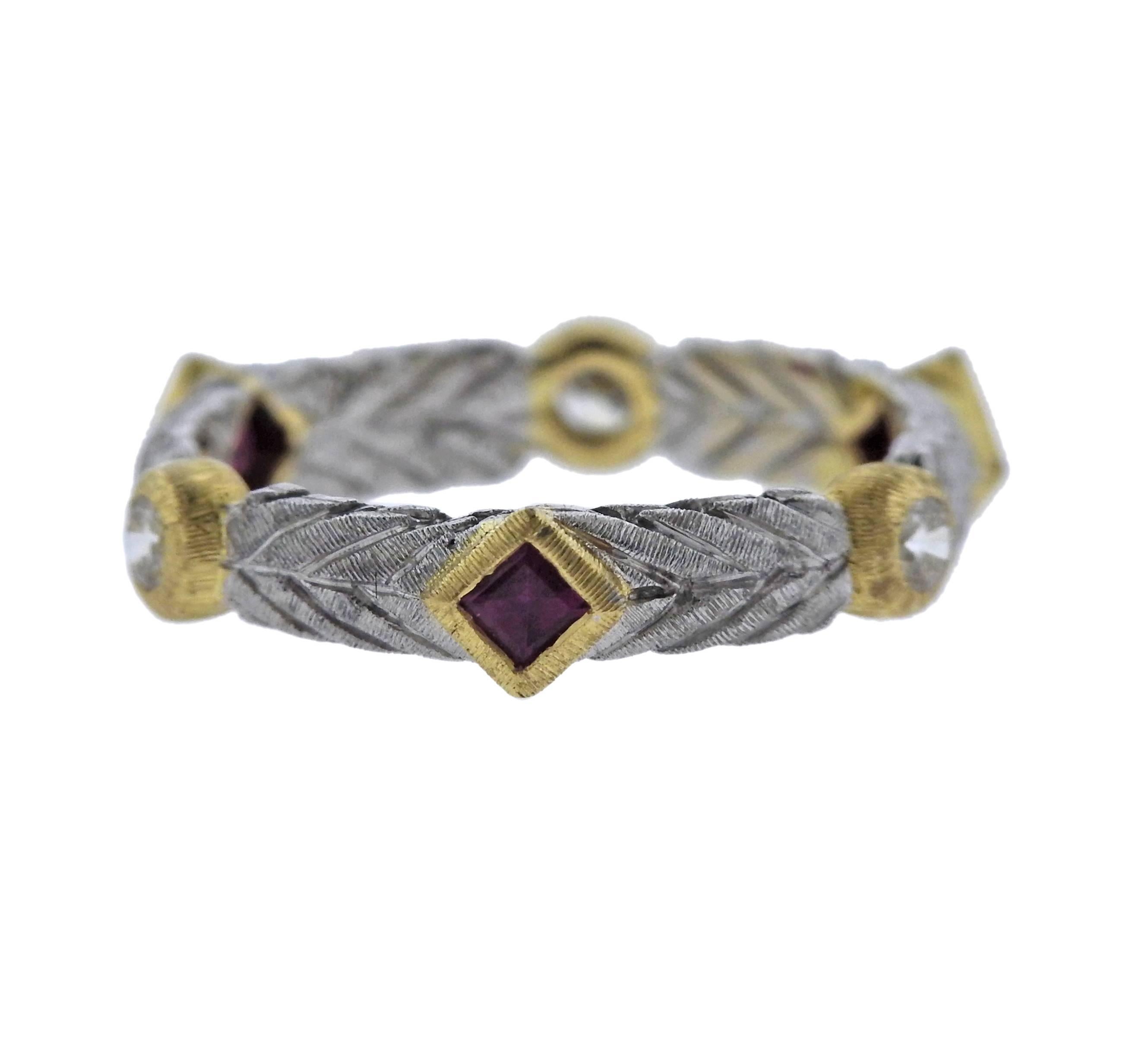 18k gold band ring, adorned with rubies and approx. 0.20ctw in H/VS diamonds, designed by Buccellati. Retail $4800. Ring size - 6, ring top is 4.2mm wide, weighs 3.5 grams. Marked: Buccellati, 750, 18k.
