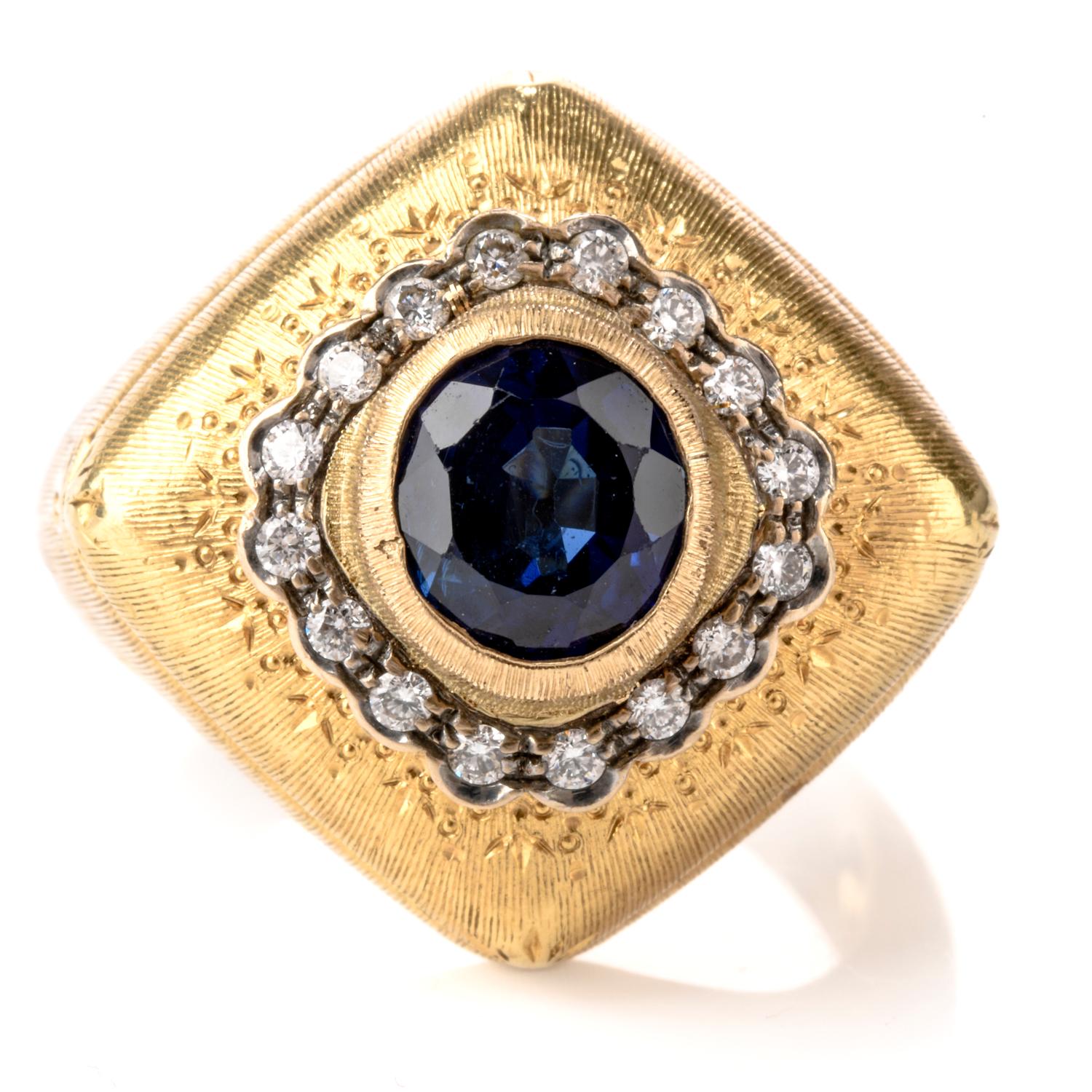 A Holiday to Remember! Make this the one You'll Remember with this stunning DIamond and Sapphire

Buccellati ring crafted in Luxurious 18K Gold. Highlighted this holiday is the vibrant round faceted Royal Blue Sapphire

weighing appx. 1.10 carats. A