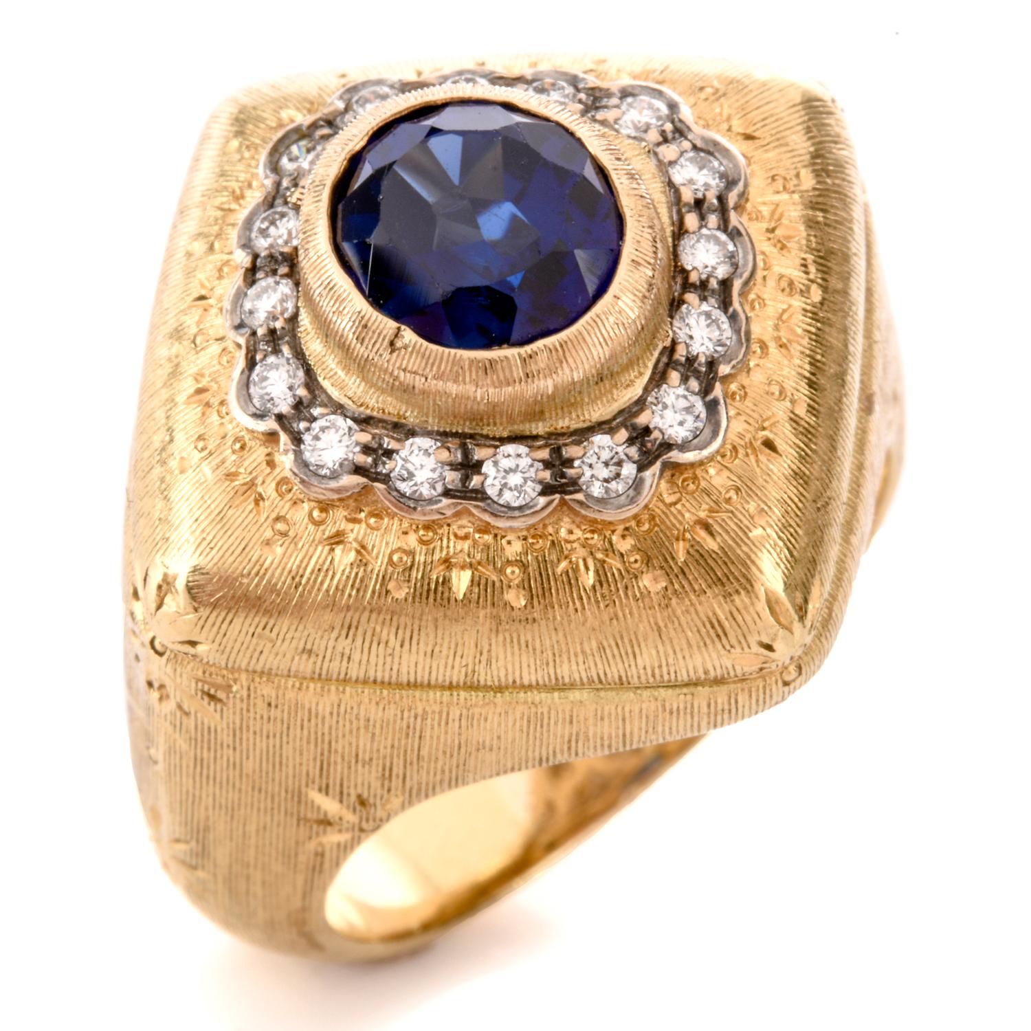 Antique Cushion Cut Buccellati Diamond Sapphire 18 Karat Statement Ring For Sale