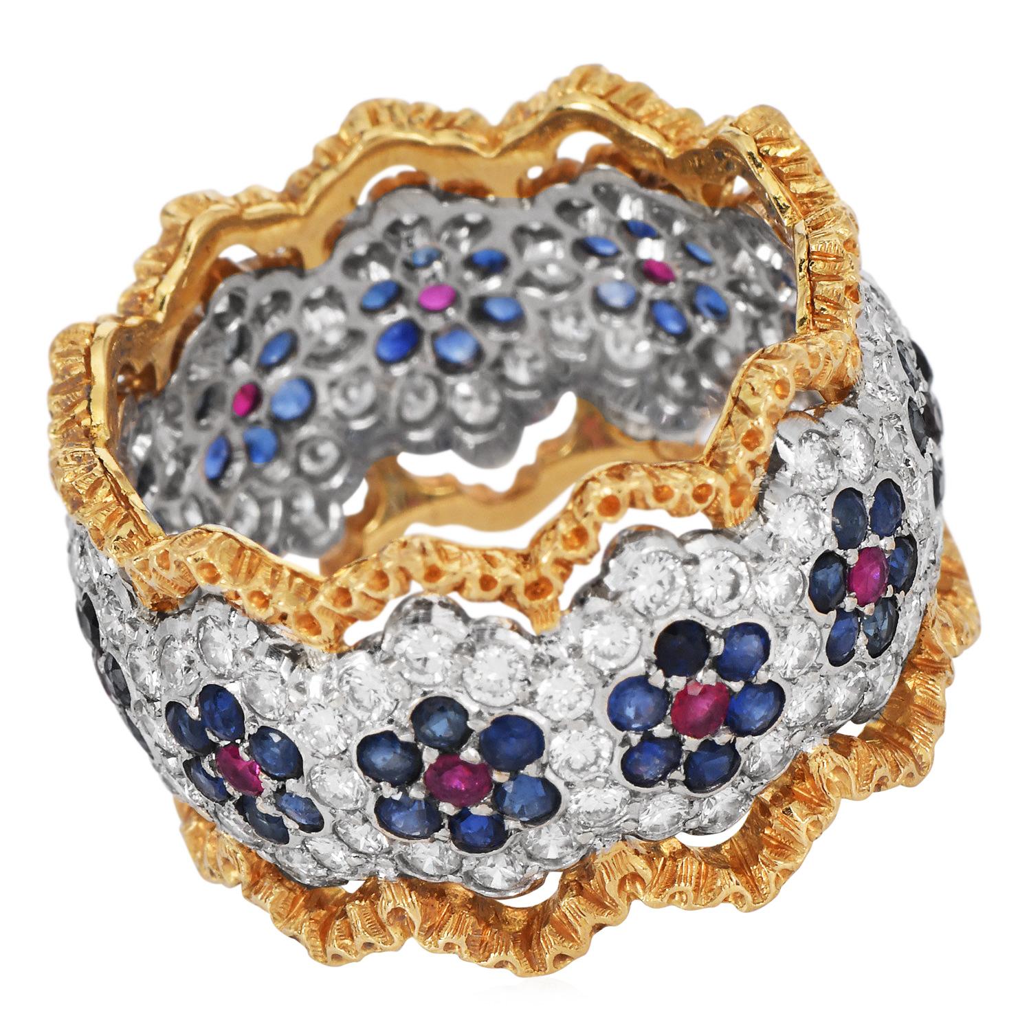 Vintage Buccellati Italian 18K Yellow and White Gold Floral Sapphire and Ruby Statement Ring (bague de déclaration)

Cette captivante bague vintage de Buccellati incarne l'élégance et l'artisanat italiens, mettant en valeur une magnifique