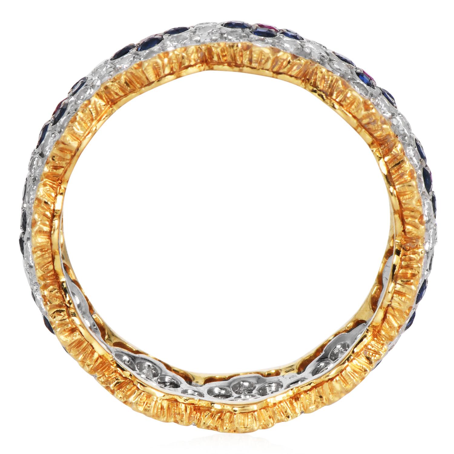 Taille ronde Buccellati Bague d'éternité florale en or 18 carats diamant saphir rubis en vente