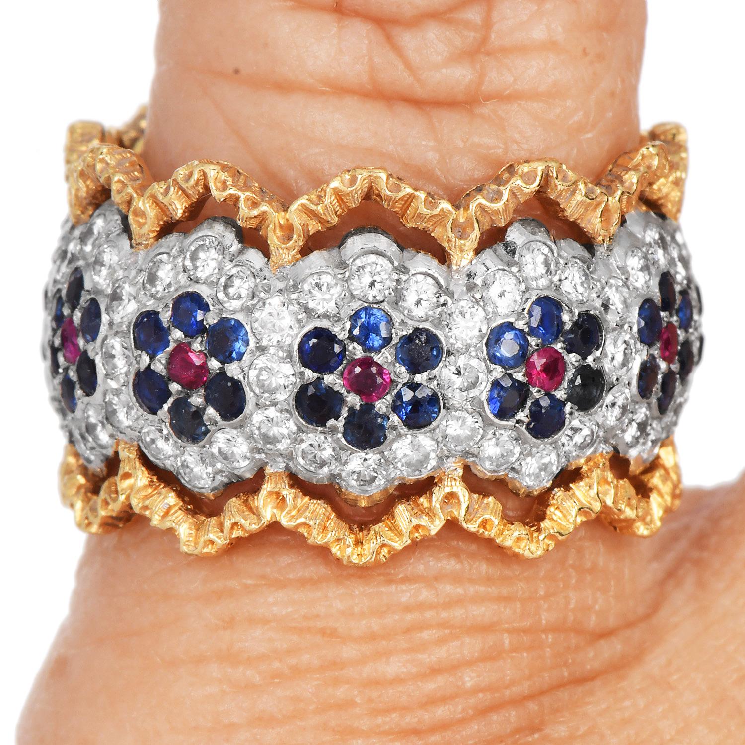 Buccellati Bague d'éternité florale en or 18 carats diamant saphir rubis Excellent état - En vente à Miami, FL