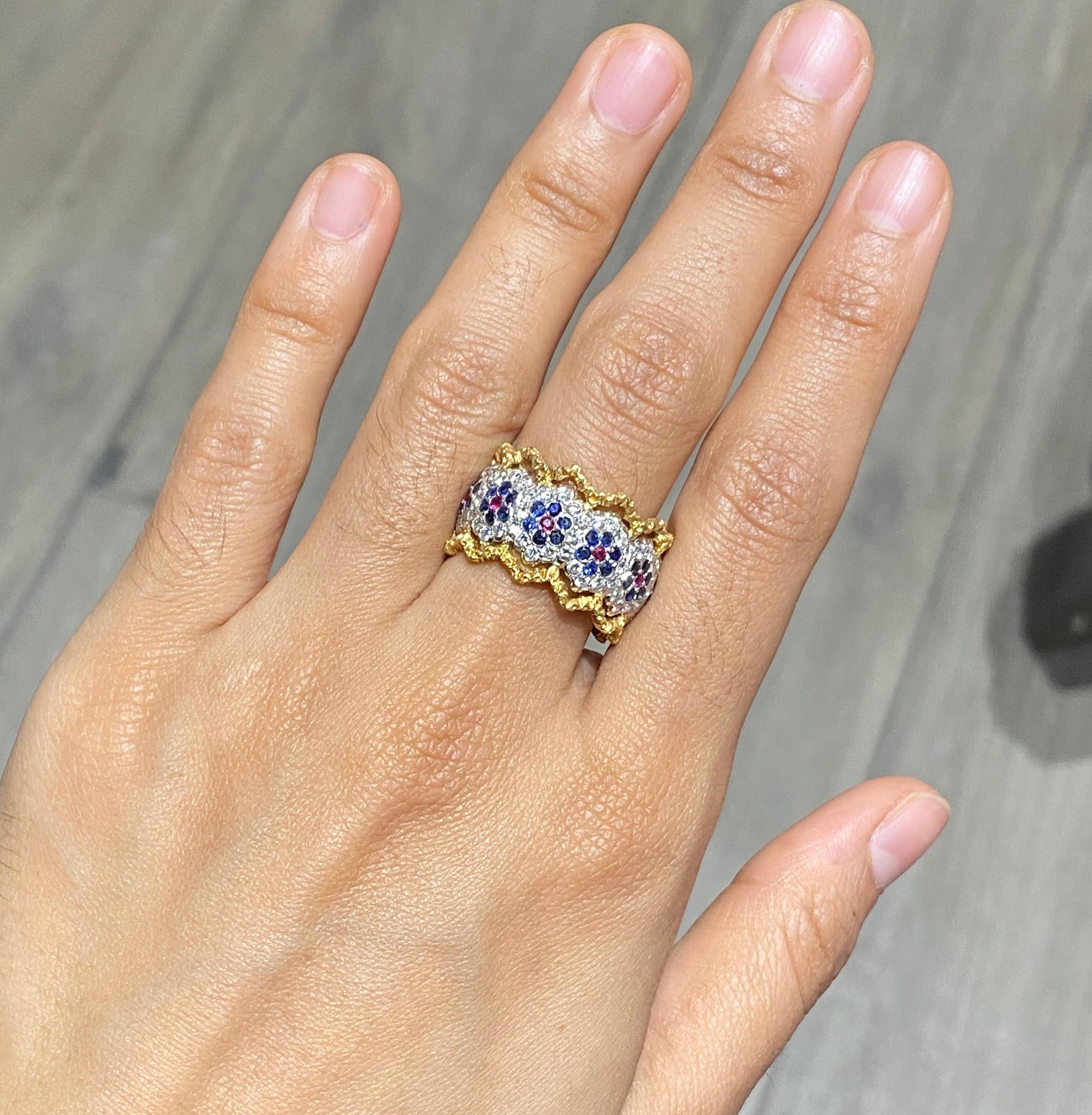 Donna Anello eternità floreale in oro 18 carati con diamante e zaffiro e rubino di Buccellati in vendita