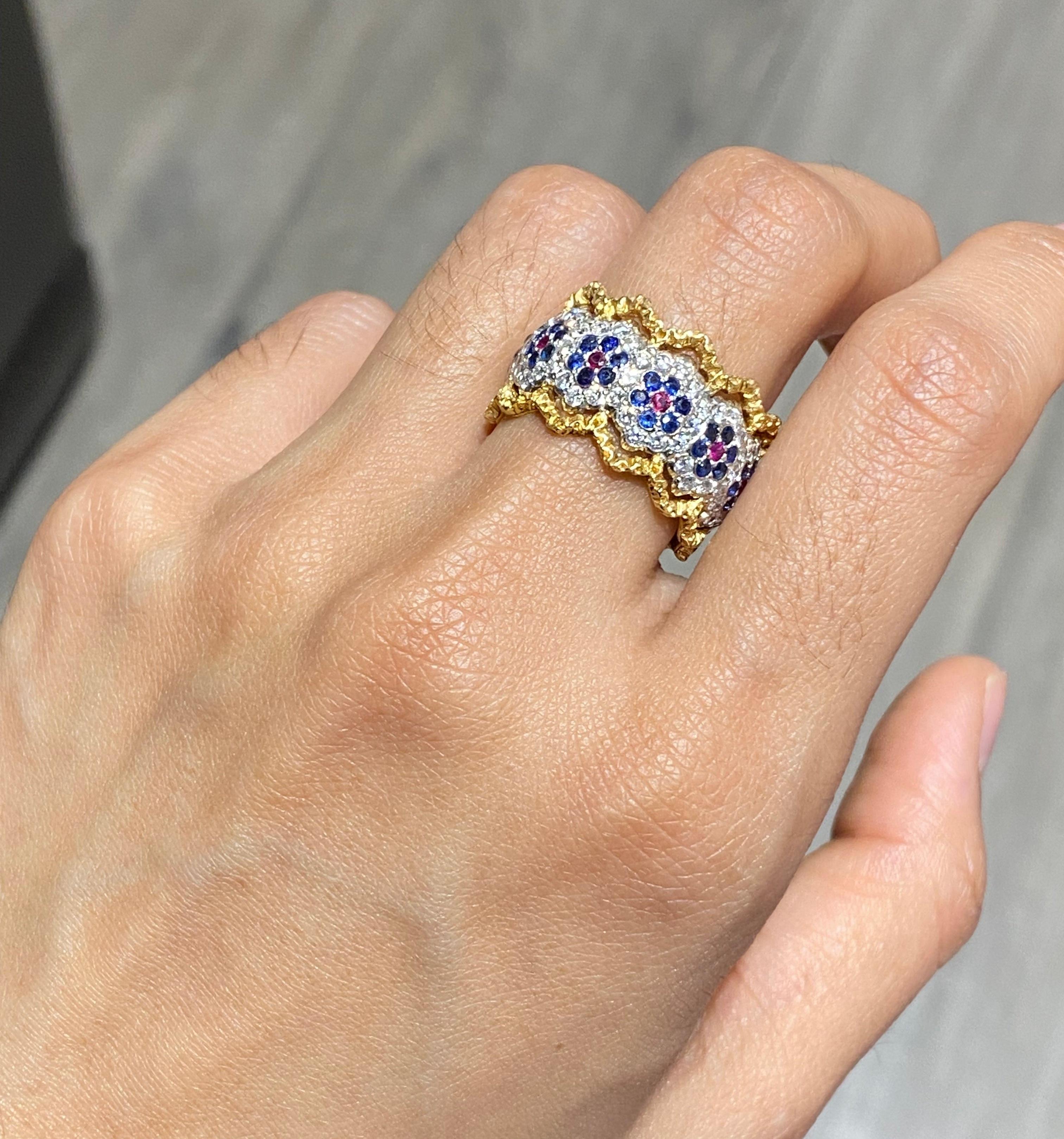 Anello eternità floreale in oro 18 carati con diamante e zaffiro e rubino di Buccellati in vendita 1