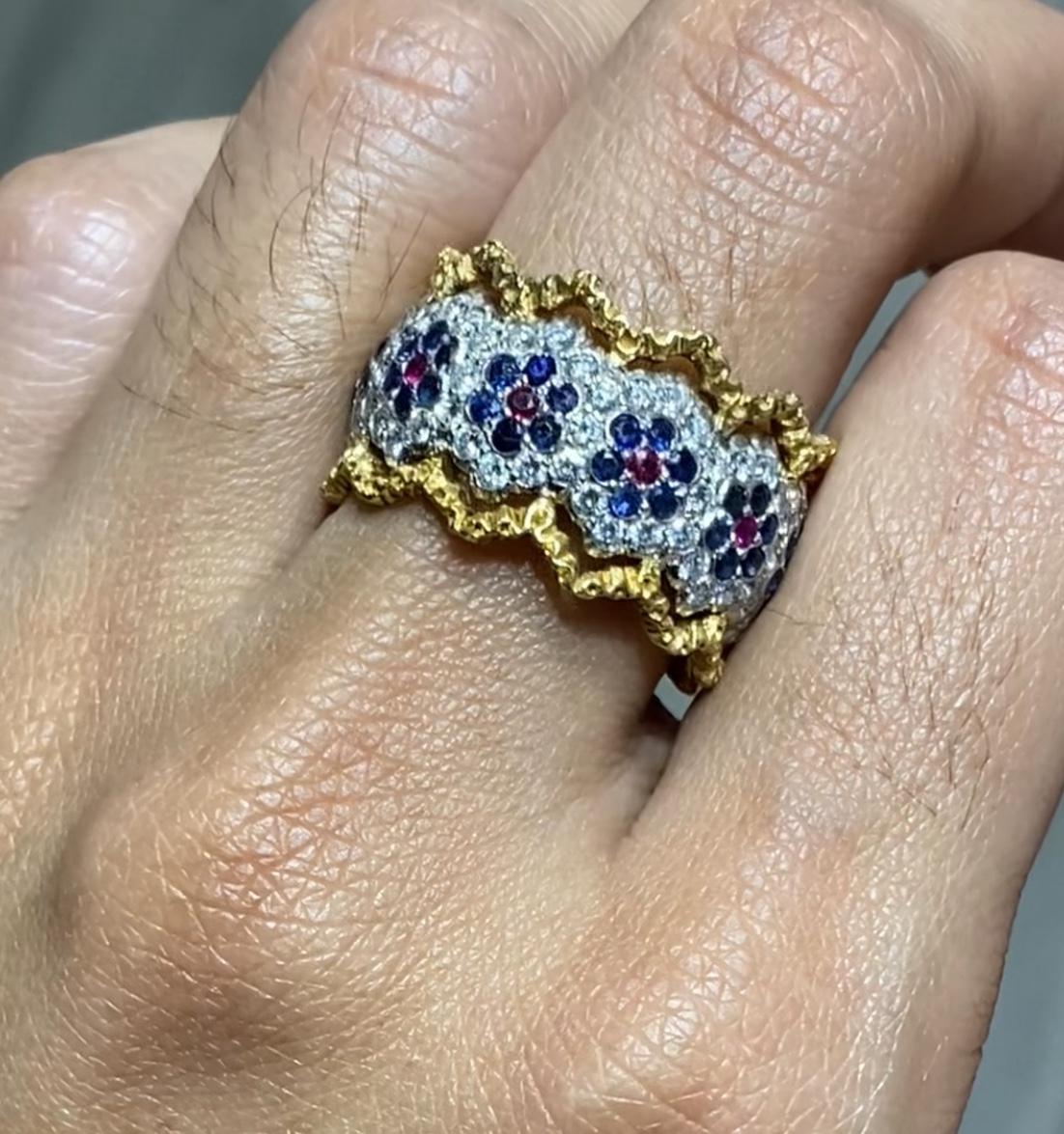 Anello eternità floreale in oro 18 carati con diamante e zaffiro e rubino di Buccellati in vendita 2