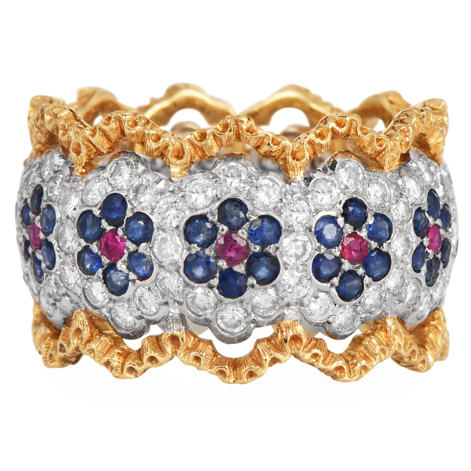 Buccellati Bague d'éternité florale en or 18 carats diamant saphir rubis en vente