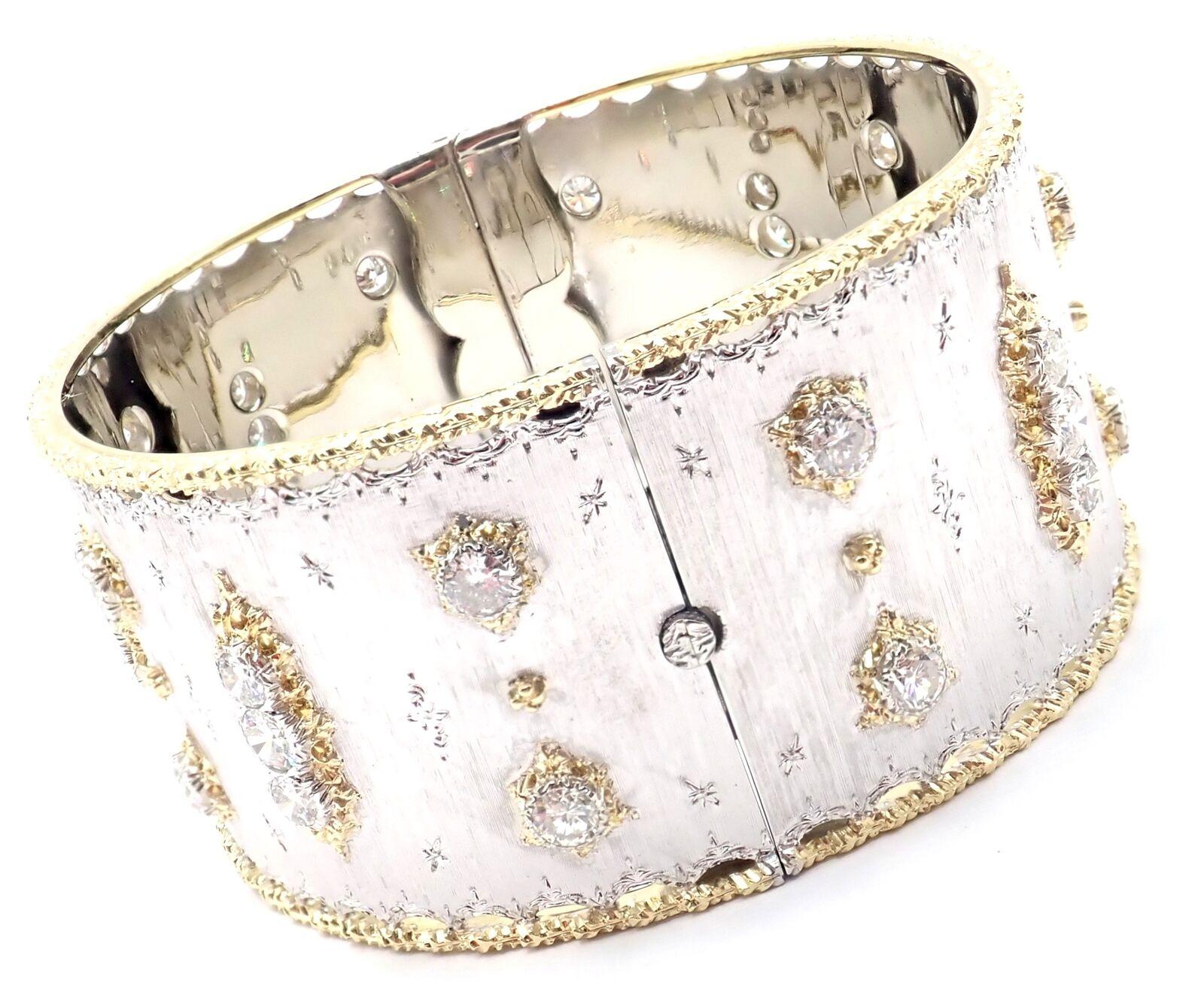 18k Yellow And White Gold Diamond Bangle Bracelet by Buccellati. This bracelet is hand-finished in 18k white gold, and accented by 34 round-cut diamonds set in 18k white gold. Hinged. Handcrafted in Italy by Buccellati. 
With 4 brilliant cut