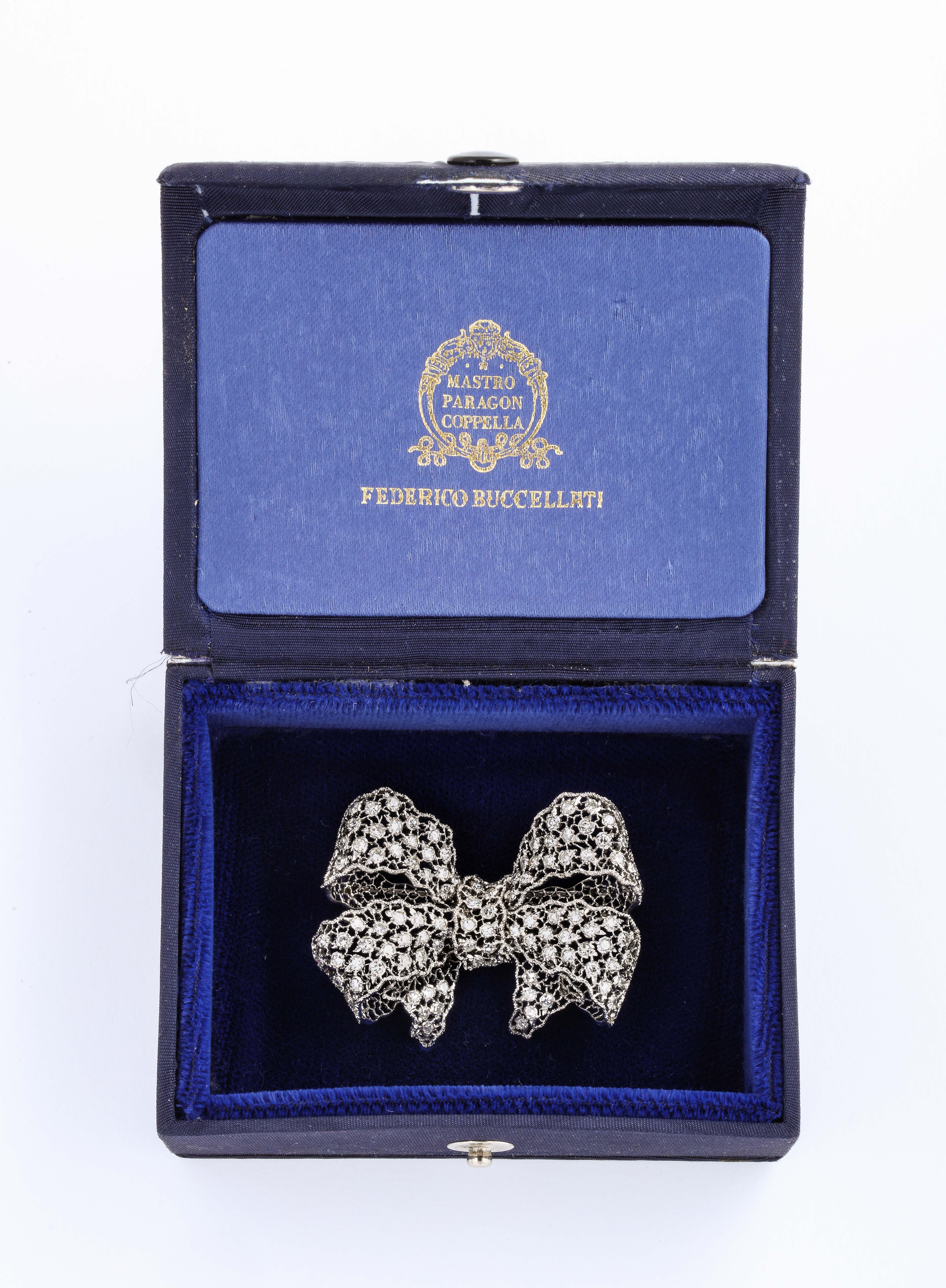 A lovely Florentine Lace Pin by Federico Buccellati, created circa 1940 in fine white single cut diamonds of 3.75 tw, set in 18k white gold. Marked Buccellati 750, it comes with its original box.

Material:
18K White Gold 6.4 dwt

Stones:
Fine White