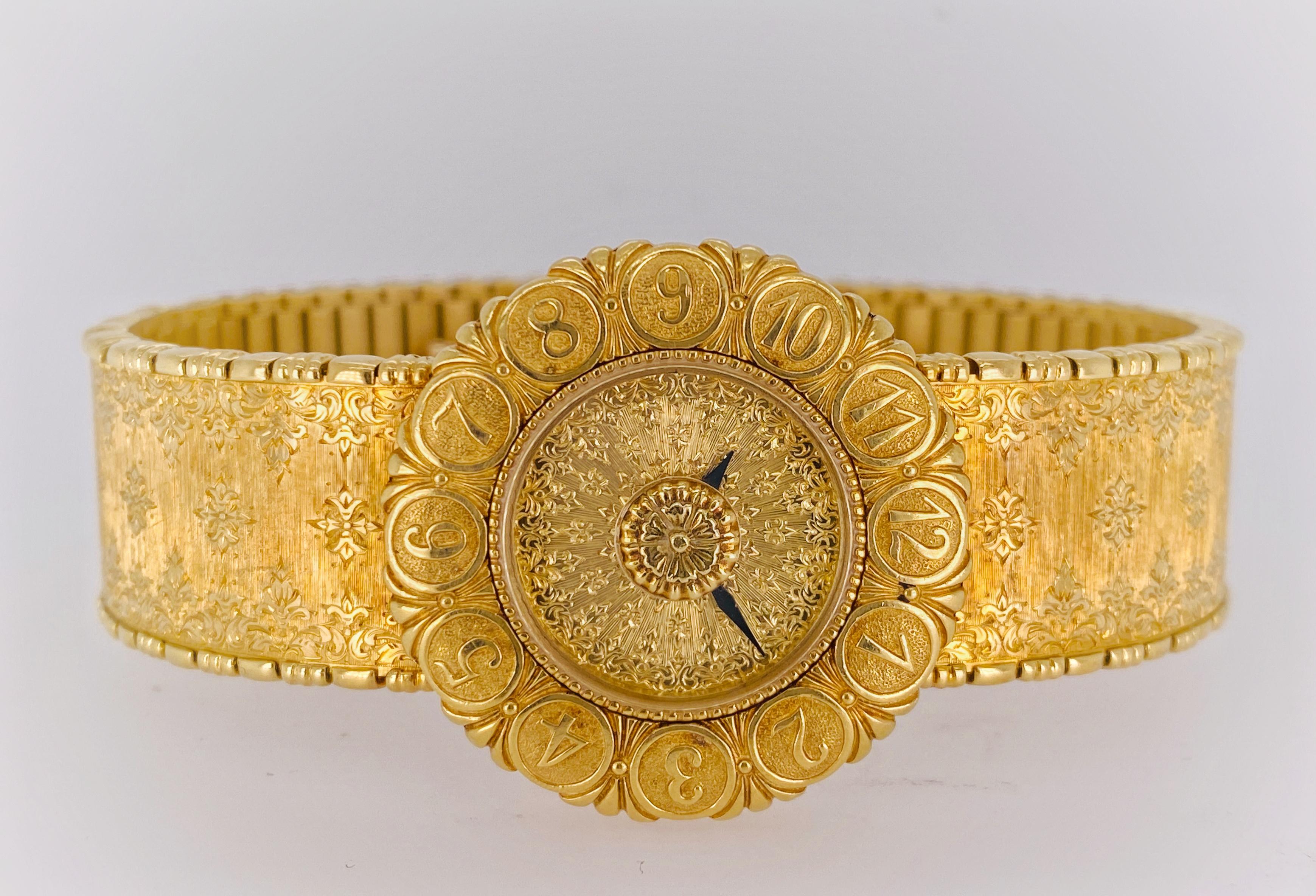 Buccellati Ladies Eliochron, engraved 18k gold watch.
Signed Gianmaria Buccellati, Eliochron,  Style F002,  Serial No. 004 / 100, Gold mark 750, plus Hallmarks.  Includes original Buccellati Watch Box.

Specifications:
Engraved Dial, Engraved Arabic